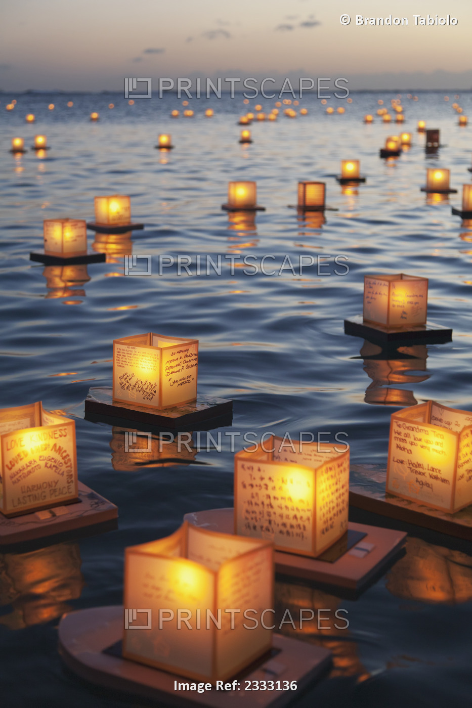 Annual Lantern Floating Ceremony During Sunset At Ala Moana; Oahu, Hawaii, ...