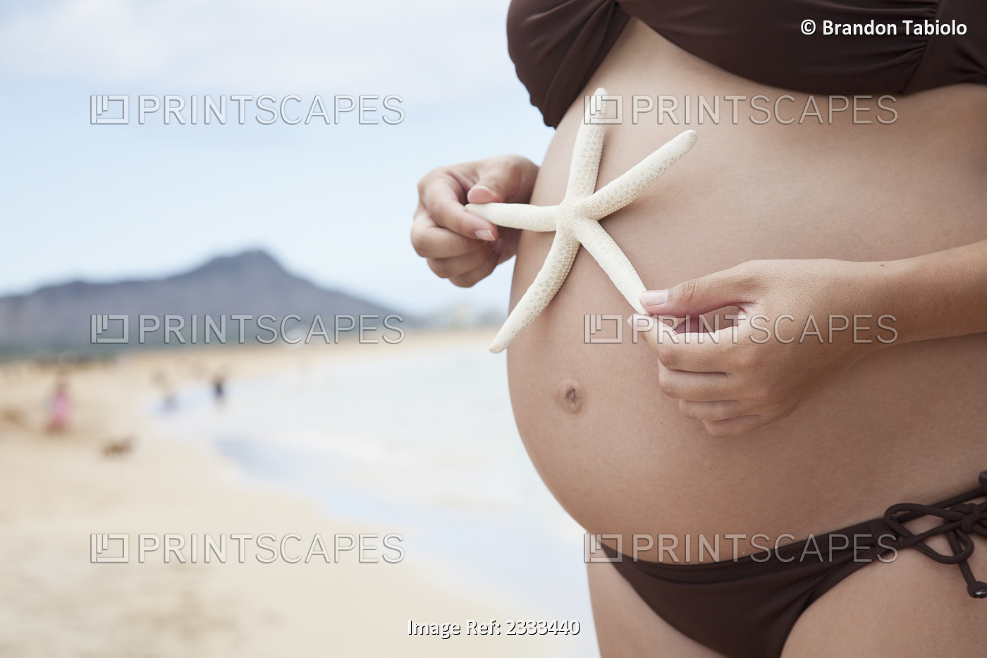 A pregnant woman in a bikini holding a starfish on her bare belly; Honolulu ...