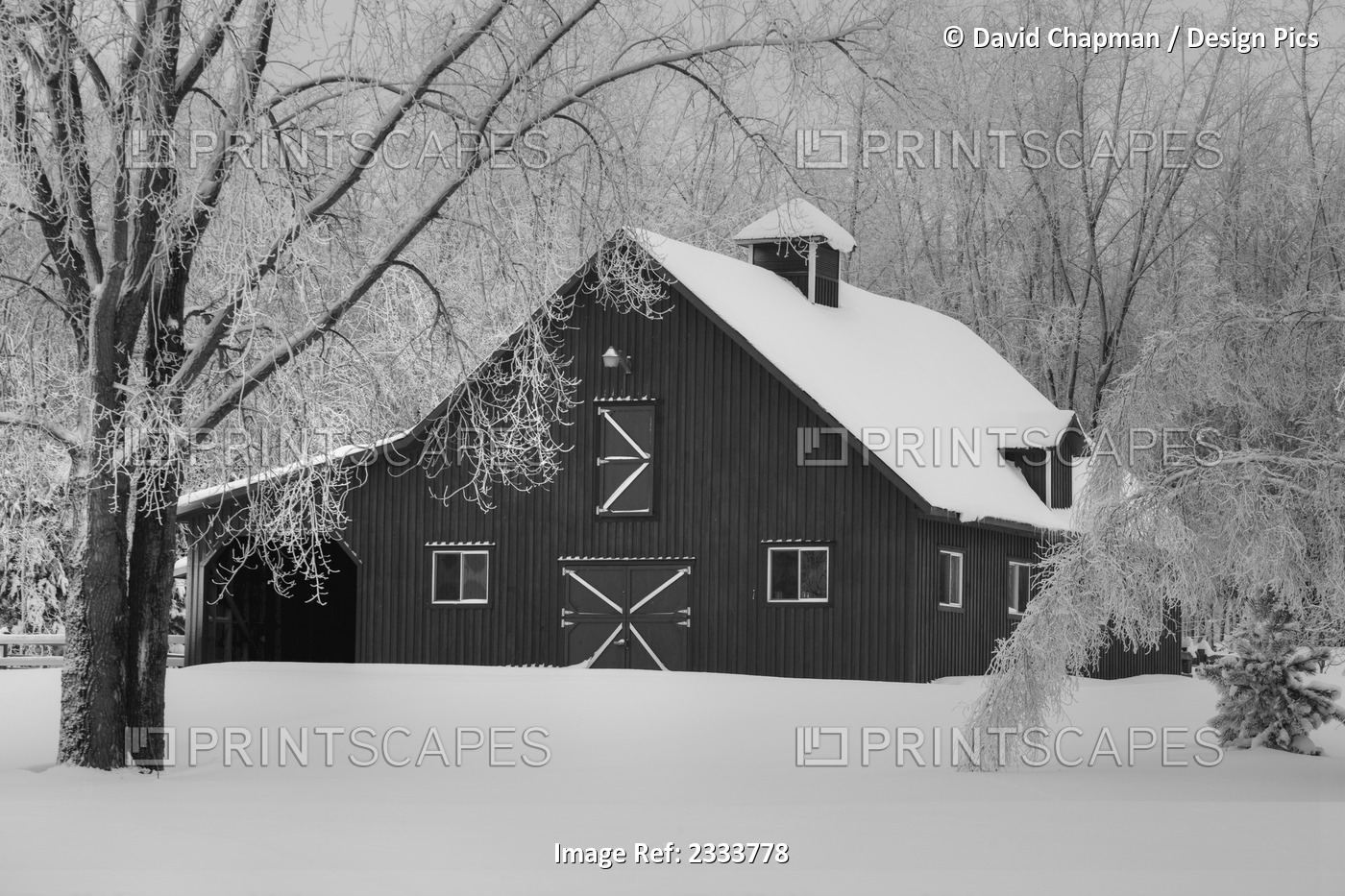 Barn in winter; Iron Hill, Quebec, Canada