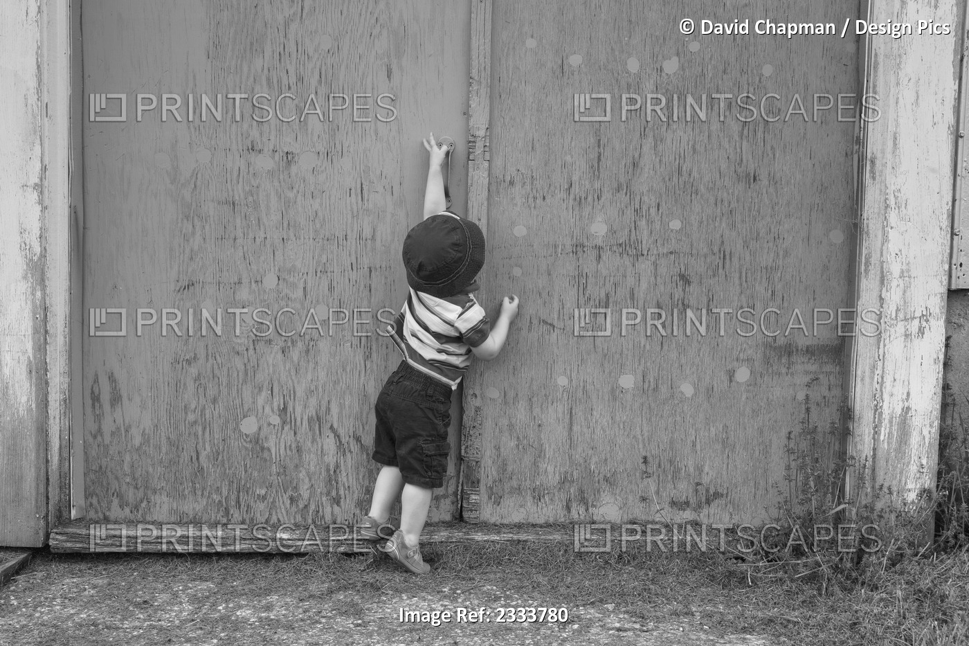 Young boy trying to open barn door; Farnham, Quebec, Canada