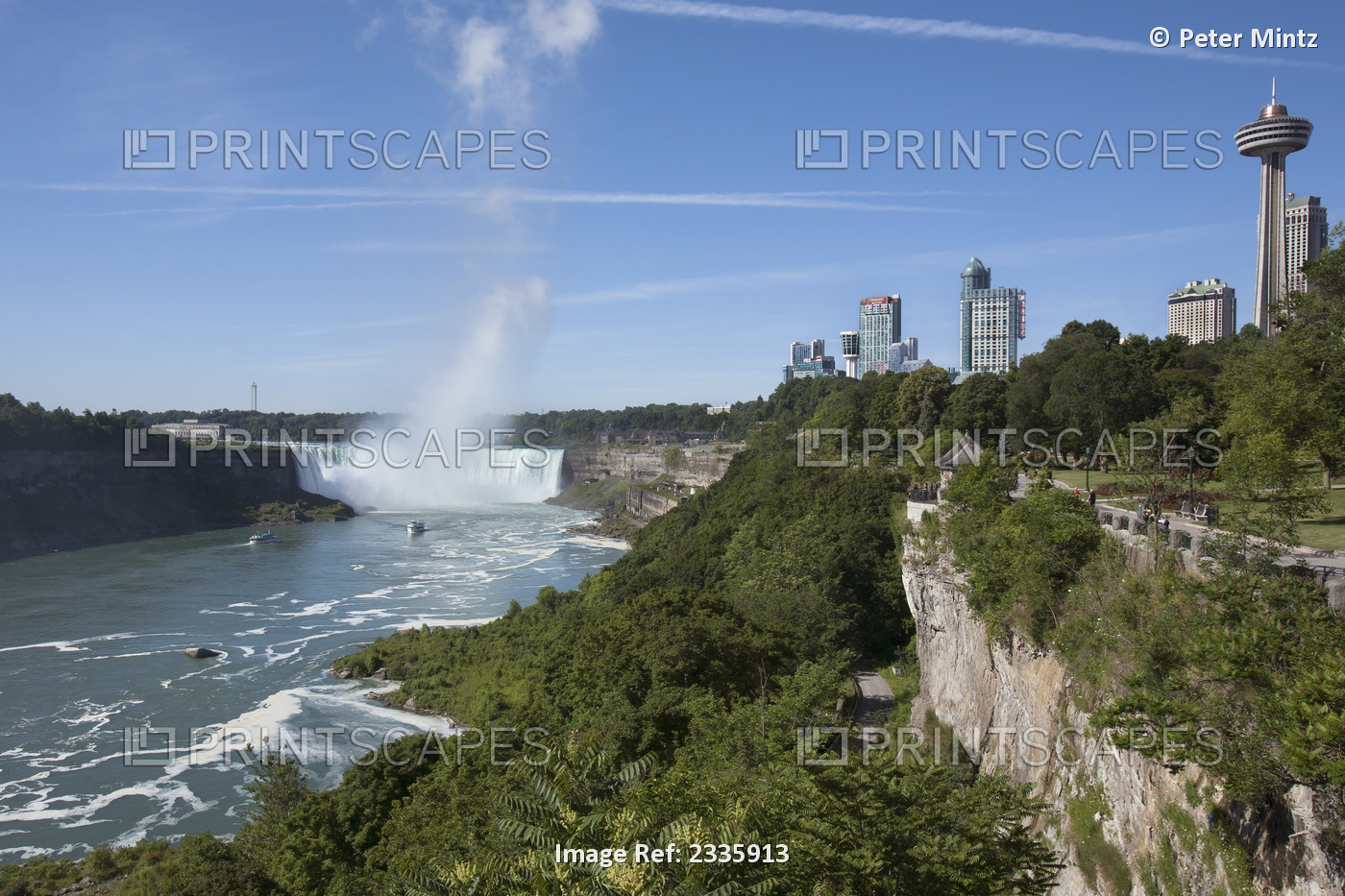 Niagara Falls With Hotels, Skylon Tower, Niagara River And Casino; Niagara ...
