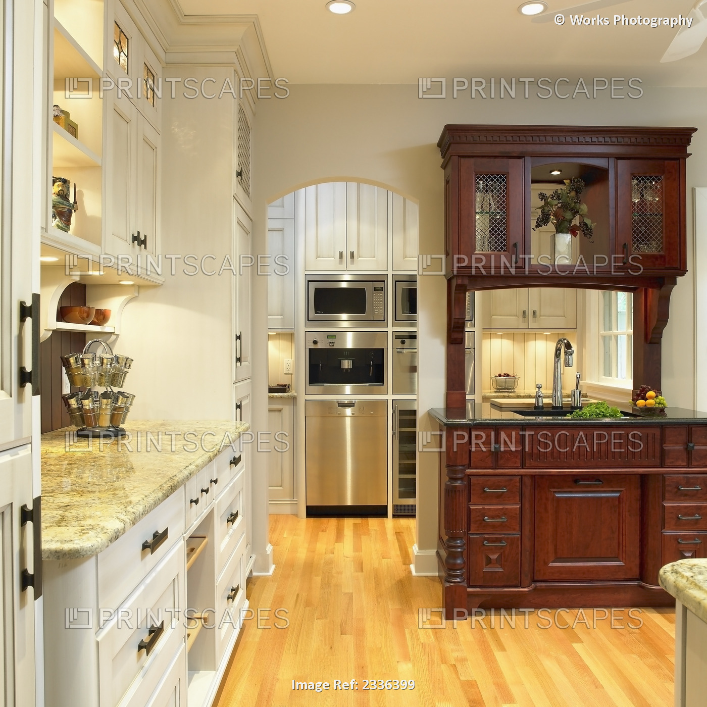 Traditional Kitchen With Cream Cabinets And Built-In Dark Wood Hutch; Victoria, ...
