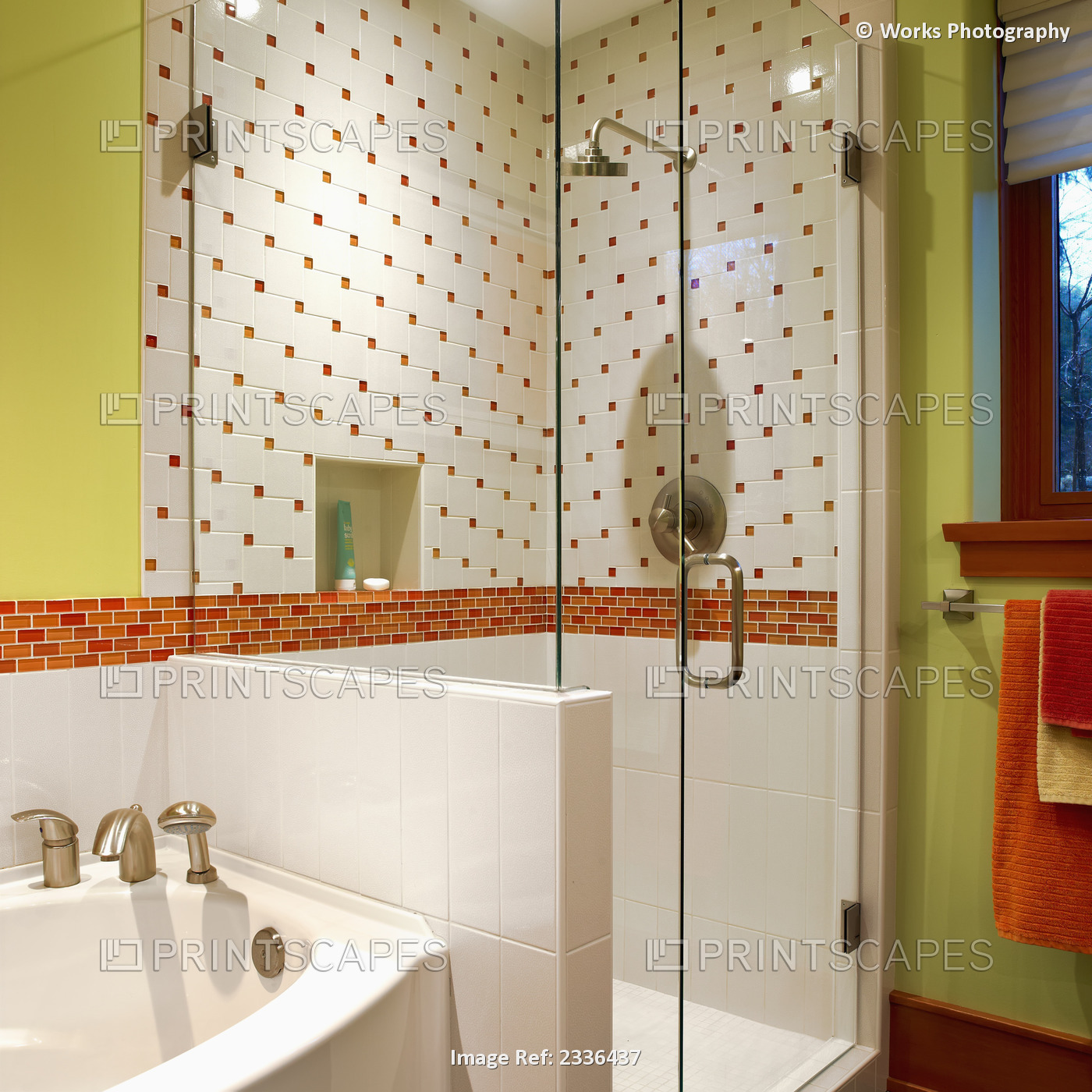 Shower Stall With Lime Green Walls And Orange And White Tiles; Victoria, ...