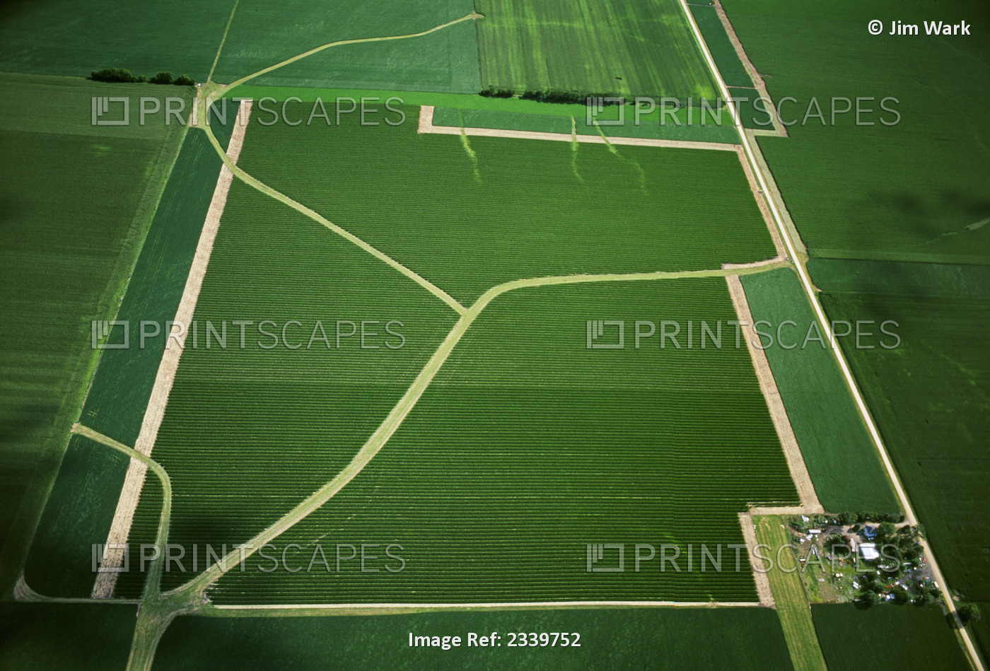 Agriculture - Aerial view of a farmstead and cultivated farmland with a network ...