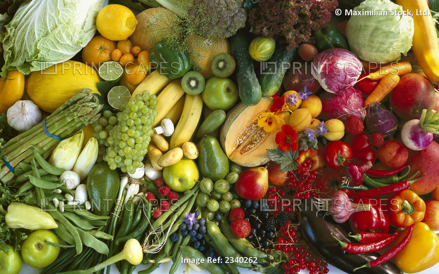 Agriculture - Studio still life of assorted fruits and vegetables: ...