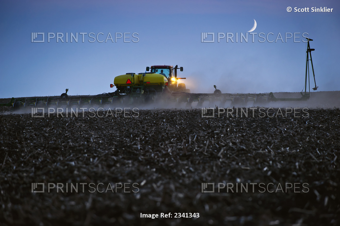 Agriculture - A farmer plants a soybean crop at night with a crescent moon ...