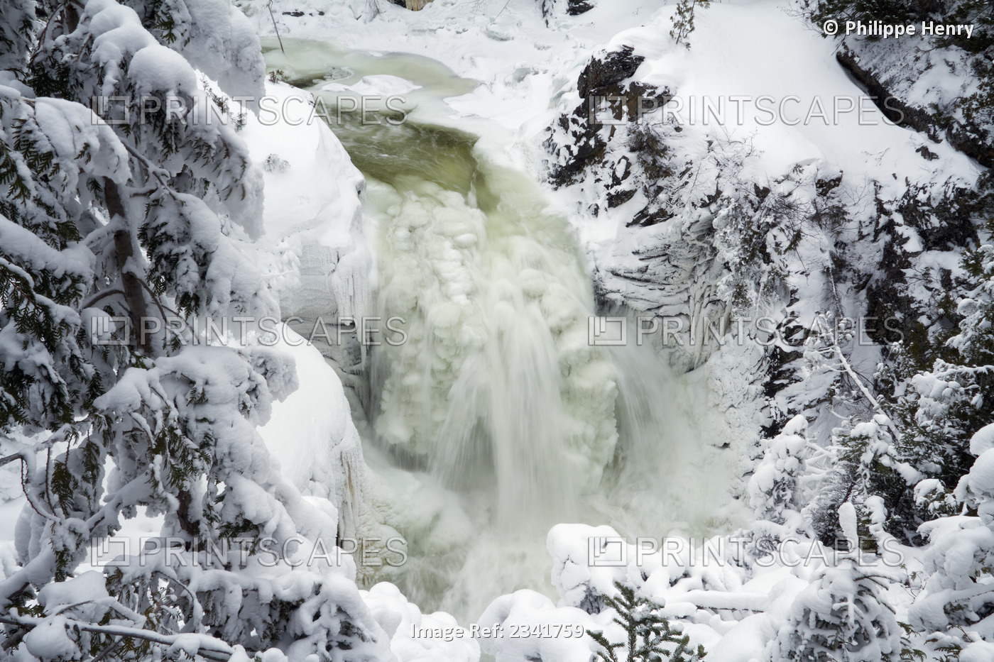 Sainte anne waterfall in winter in gaspesie national park; Quebec canada