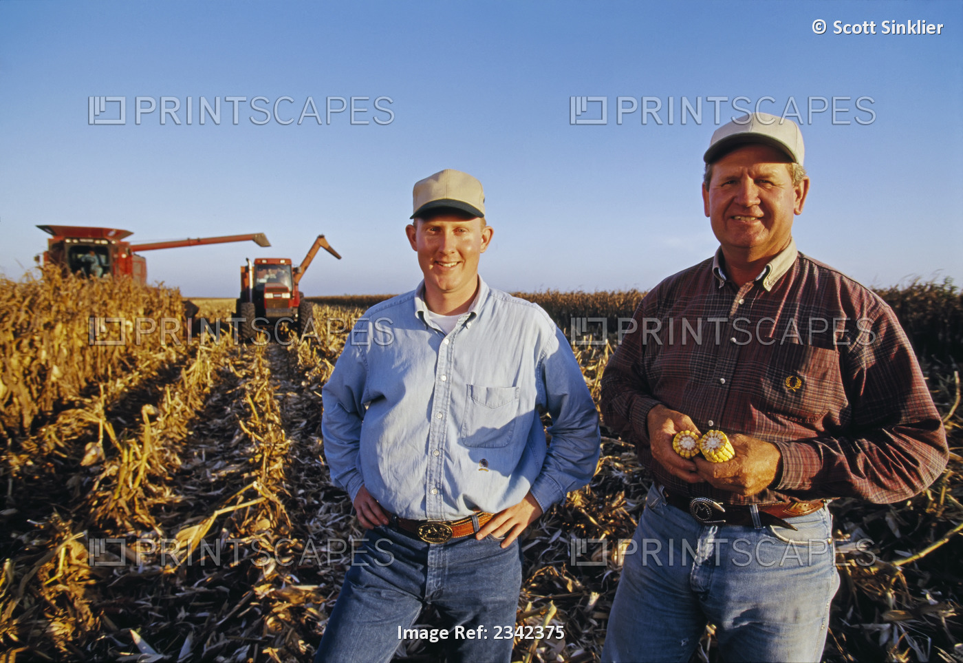 Agriculture - A farmer and his son pose in a mature corn field during harvest ...