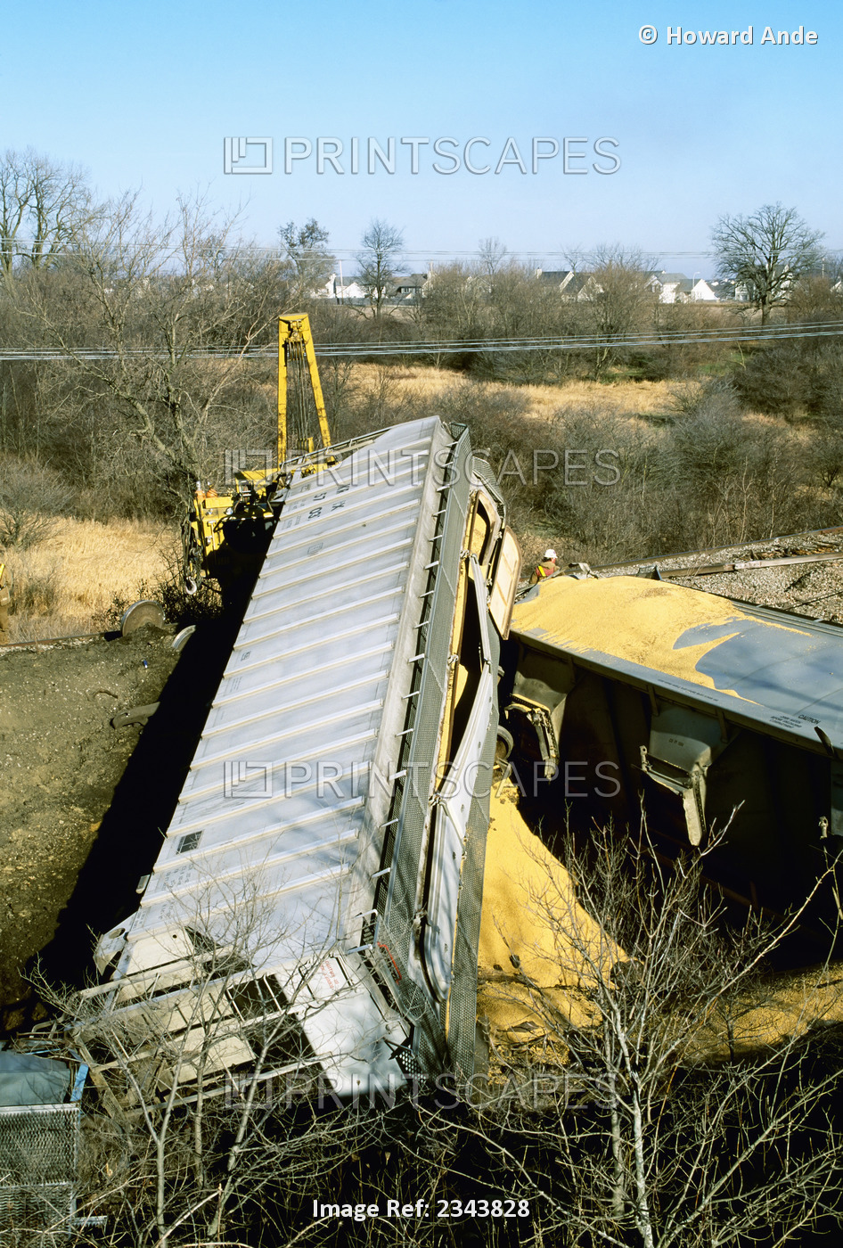 Agriculture - Railroad grain hopper cars derailed with grain leaking from the ...