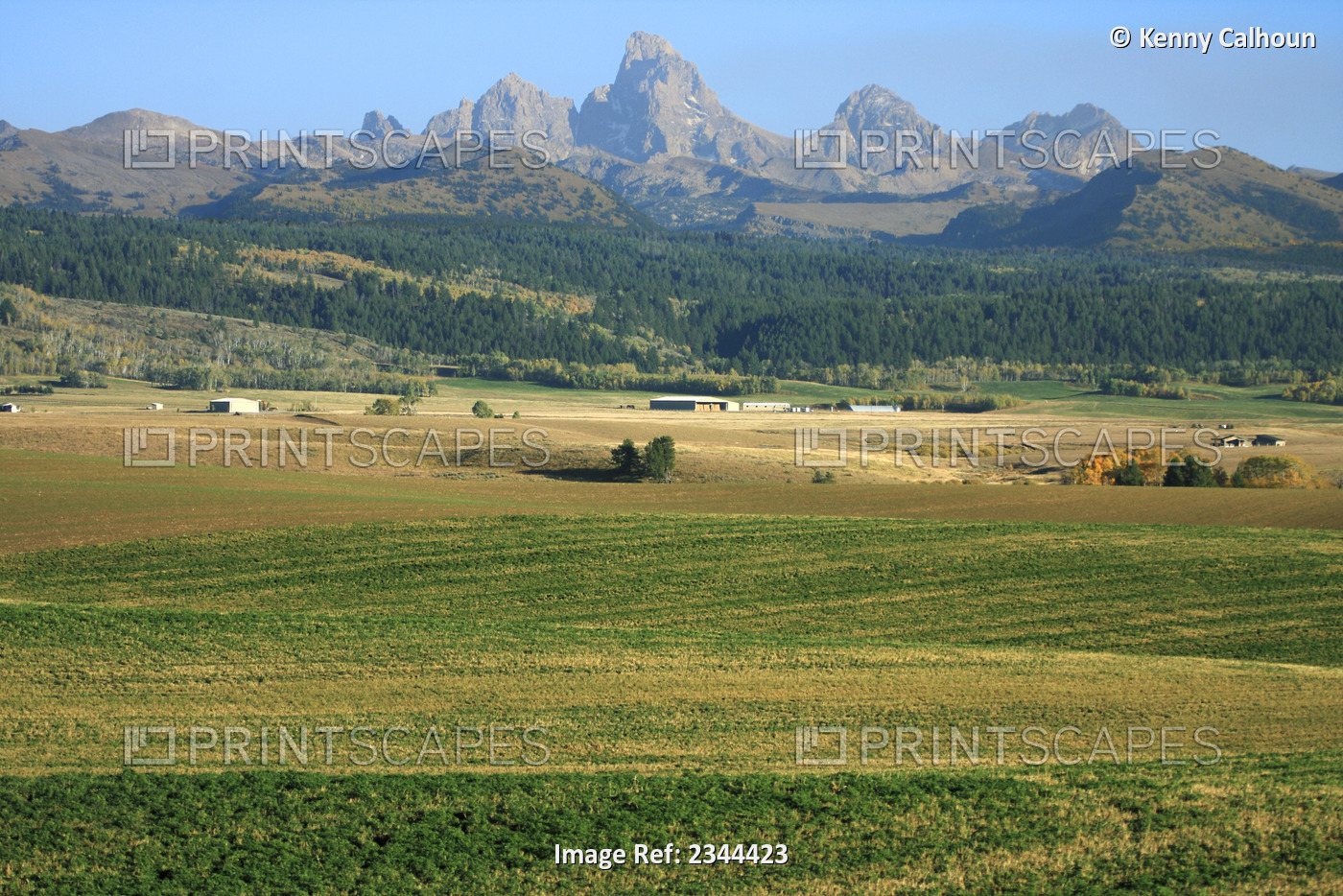 Agriculture - Ranch land and buildings with the Grand Teton mountains in the ...