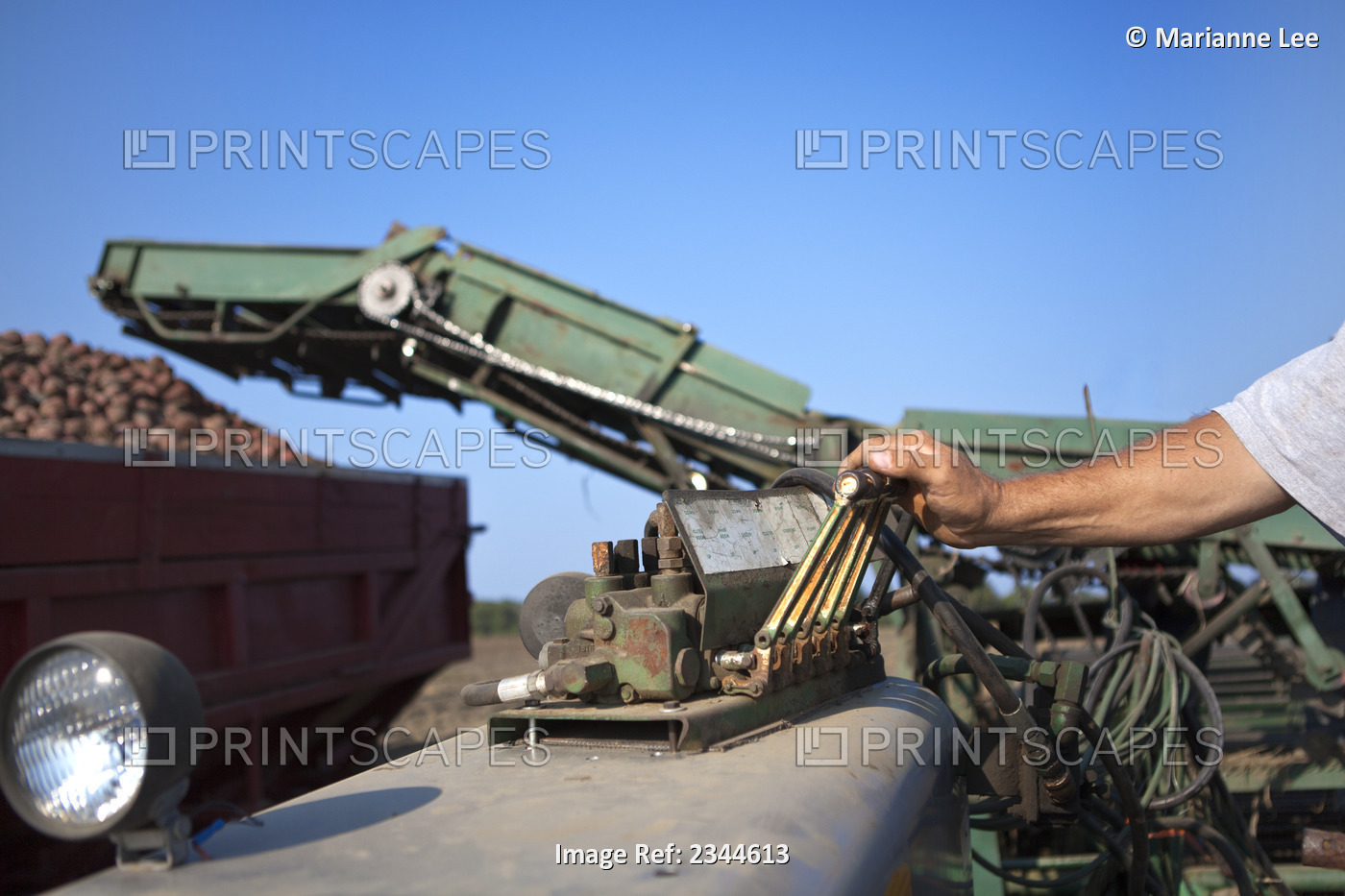 Agriculture - A farmers hand operates levers on the harvester during potato ...
