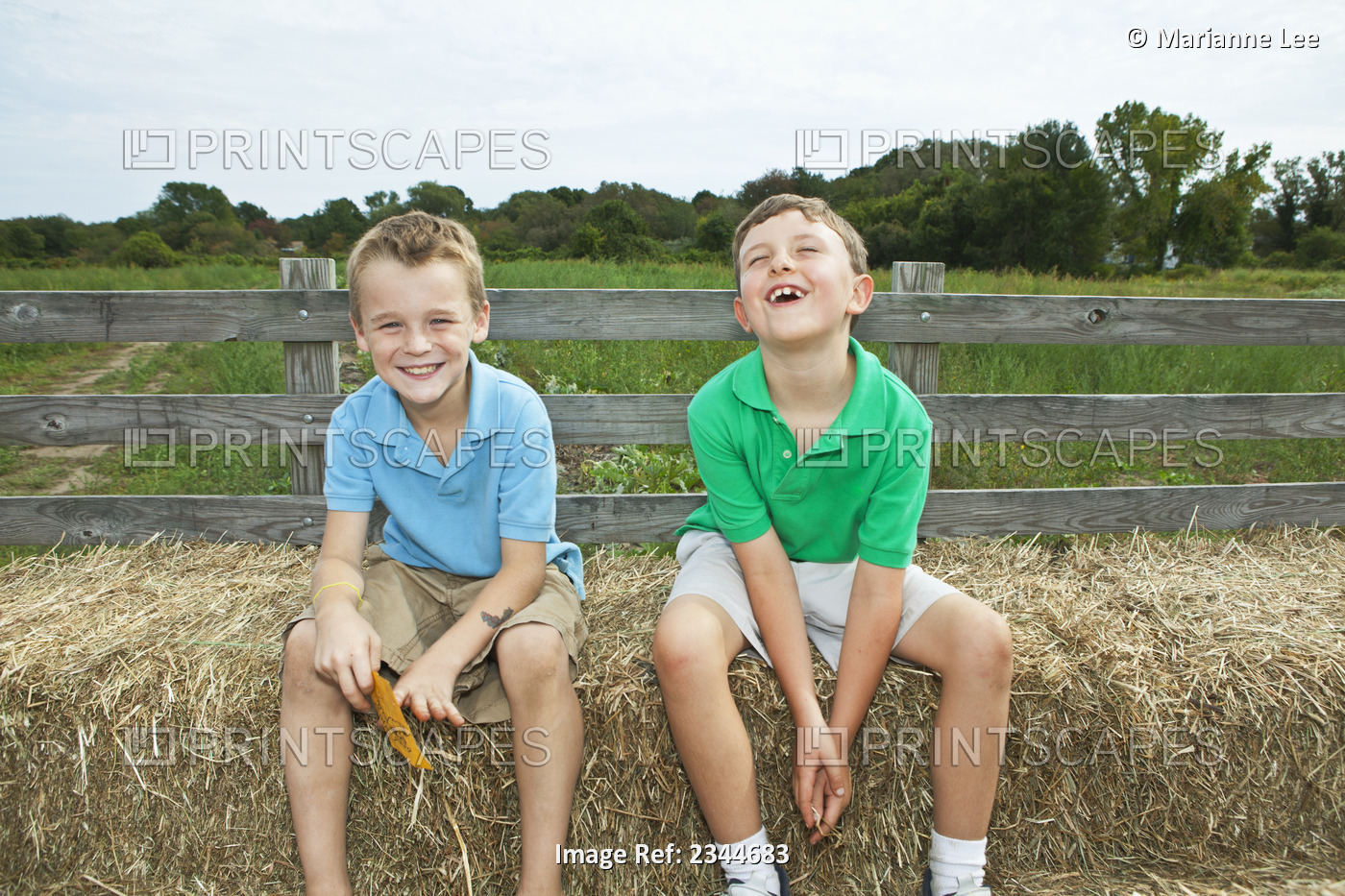 Agriculture - Two young boys sitting on hay bales at a local family produce ...