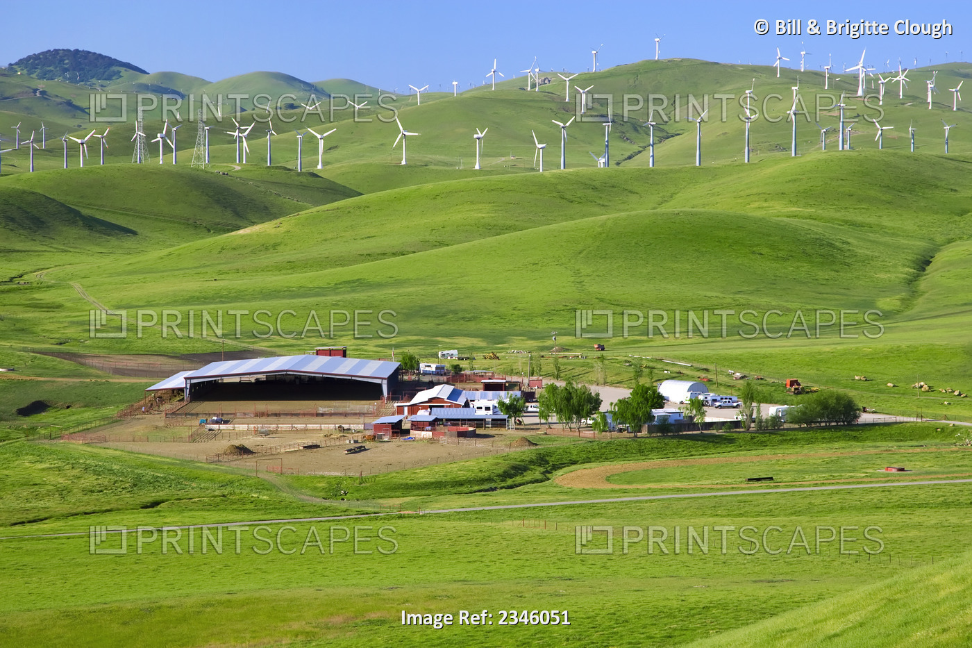 Agriculture - Horse ranch in green rolling hills with wind turbines in the ...