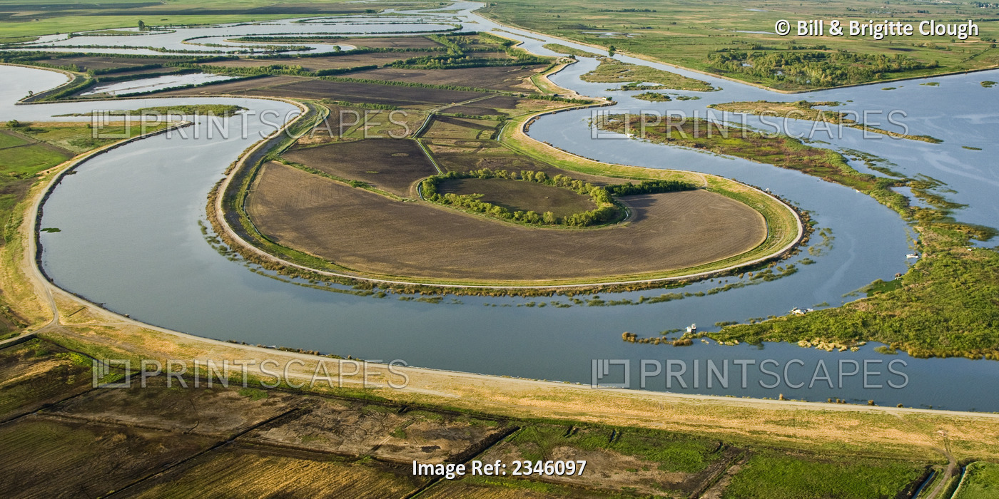 Agriculture - Aerial view of farmland and river channels in the San Joaquin ...