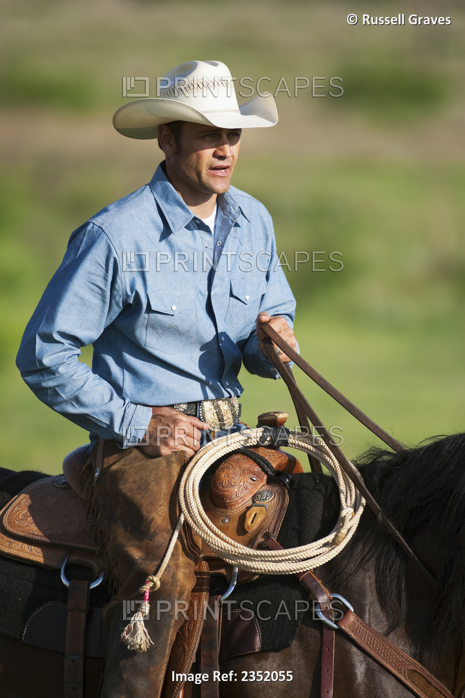 Agriculture - A cowboy on horseback on a western rangeland / Childress, Texas, ...