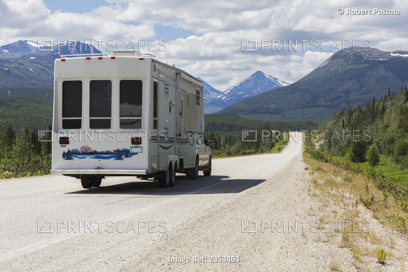 A Truck And Camper Heading North To Alaska On The Alaska Highway Near ...