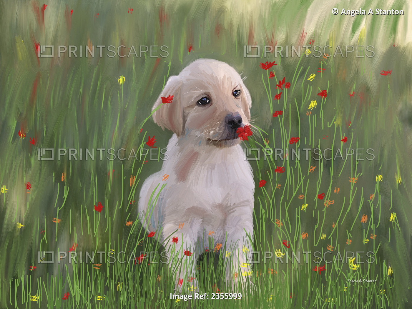 Computer Generated Portrait Of A Dog Sitting In A Field Of Wildflowers