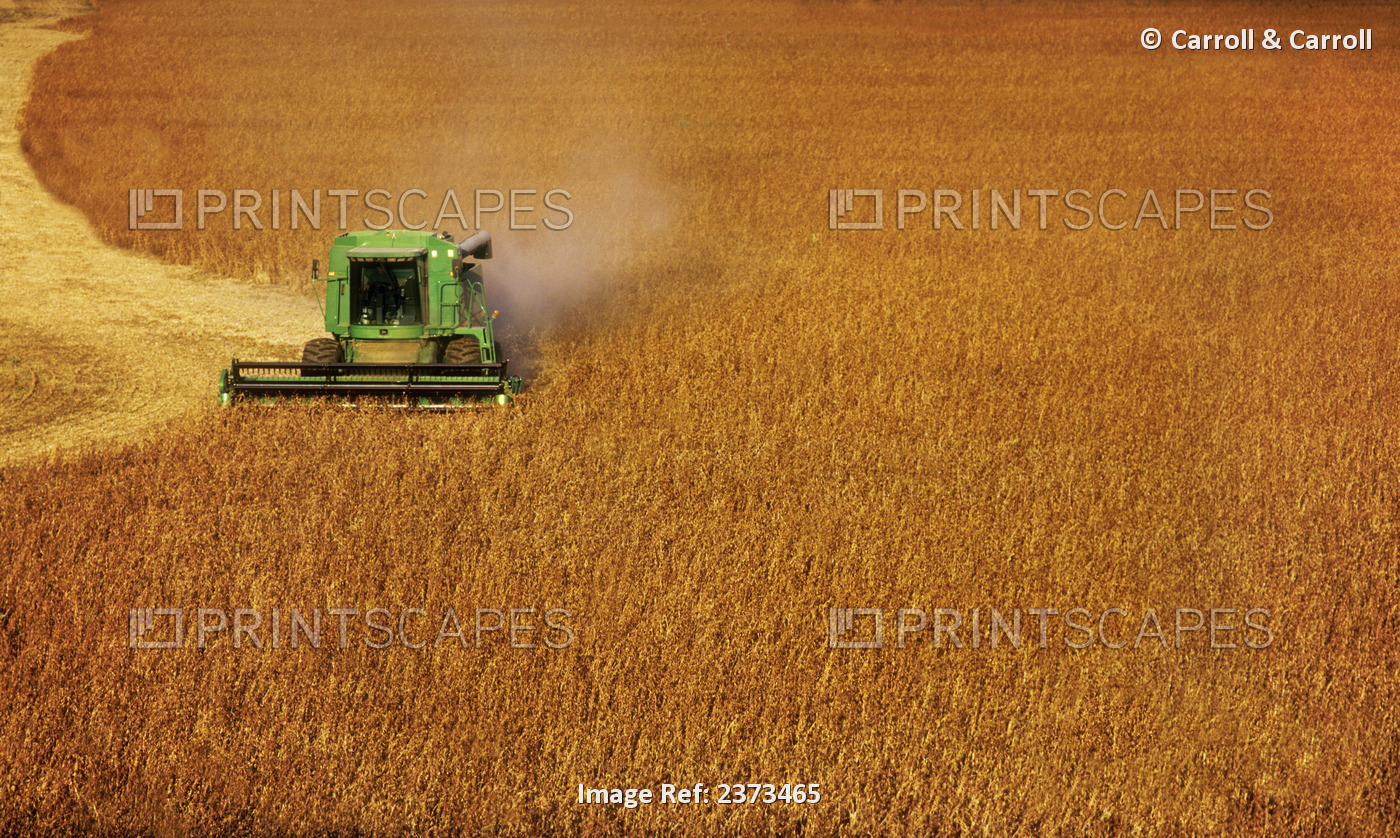 Agriculture - A John Deere combine harvests soybeans / Ontario, Canada.