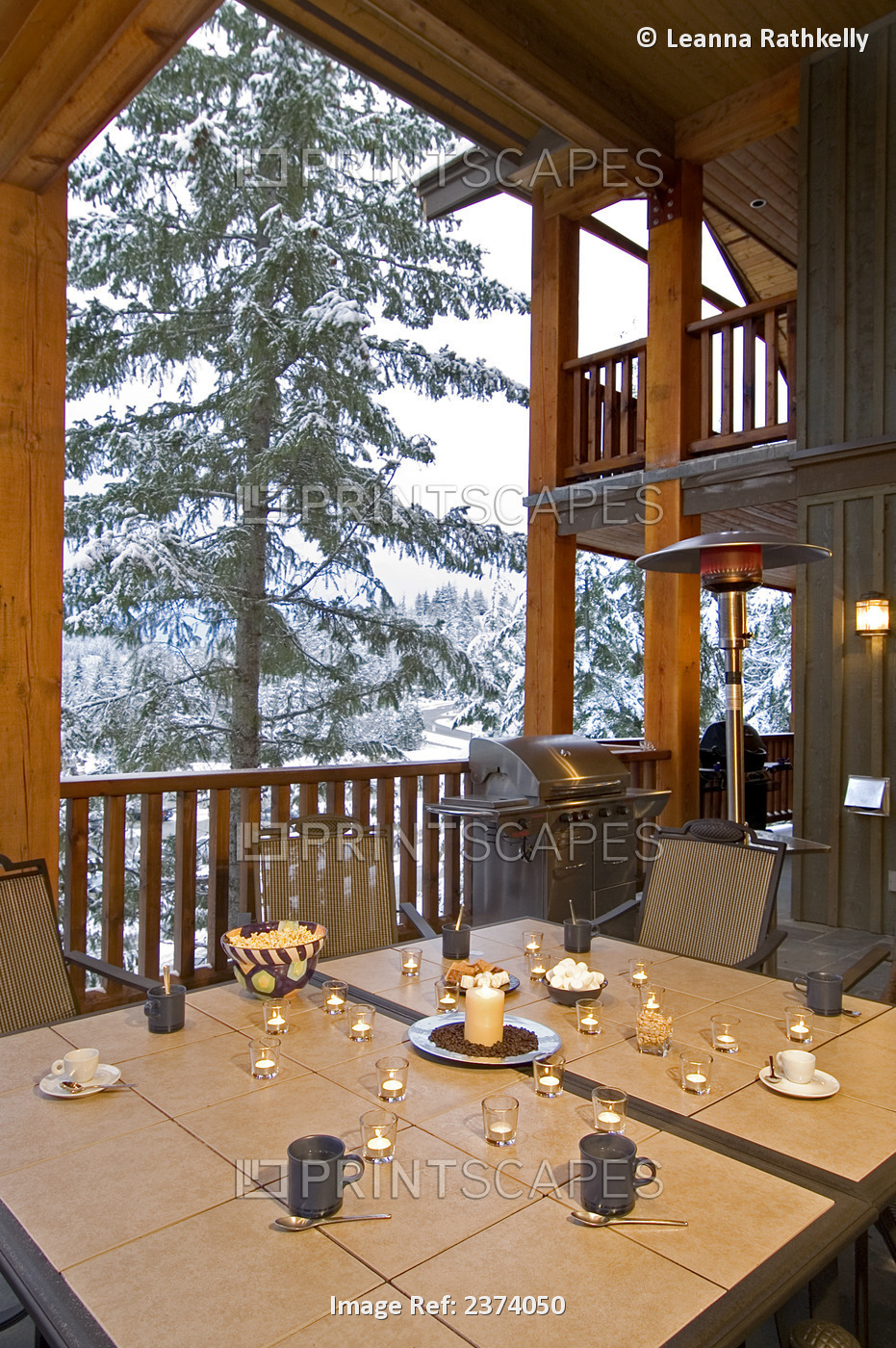 Deck With Portable Heaters Set For A Winter Party; Whistler, British Columbia, ...