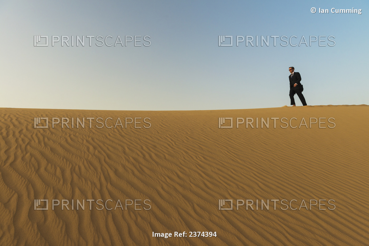 Man In Smart Suit Walking Along Top Of Sand Dune At Dusk; Dubai, United Arab ...