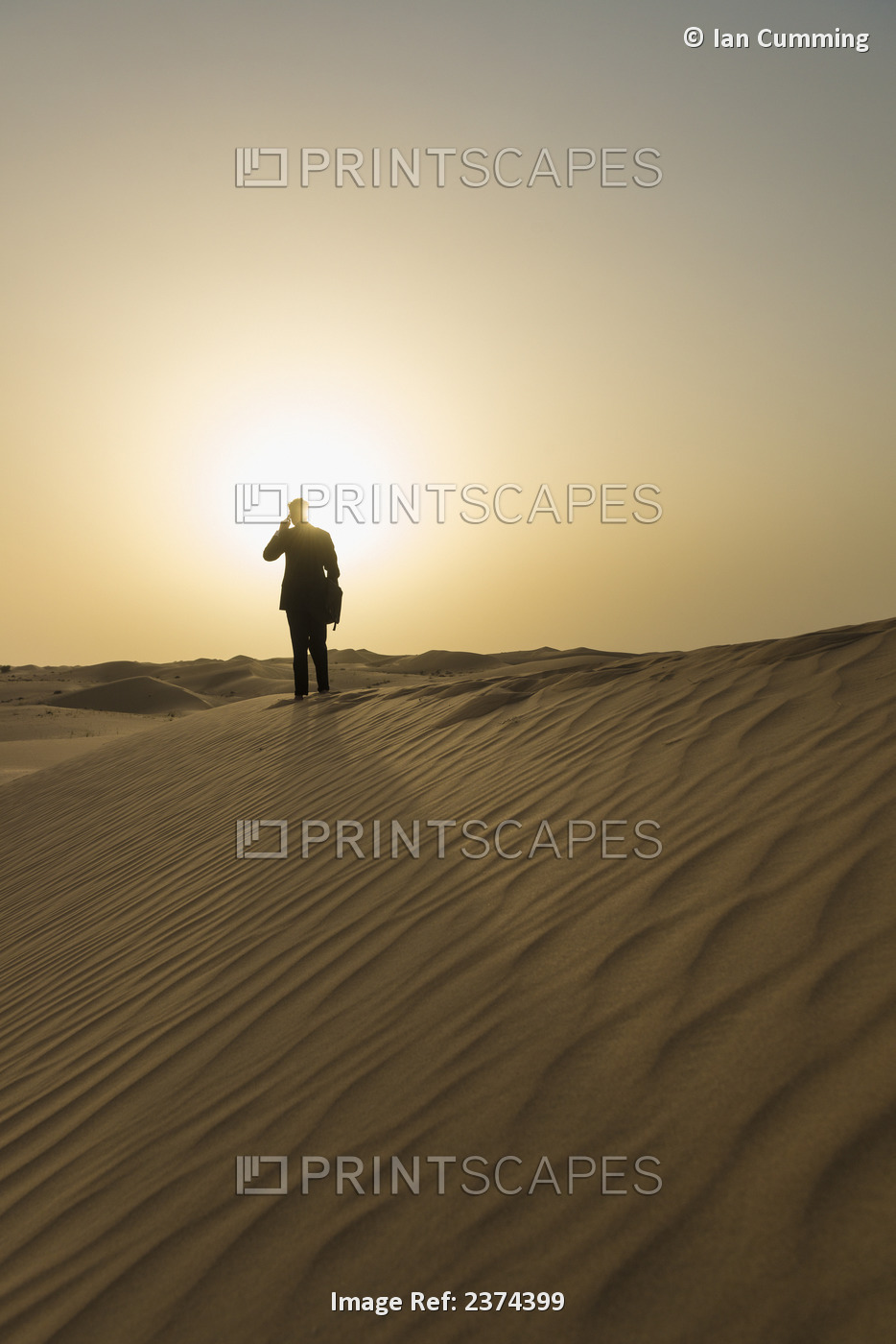 Man In Smart Suit Making Phone Call On Top Of Sand Dune At Dusk; Dubai, United ...