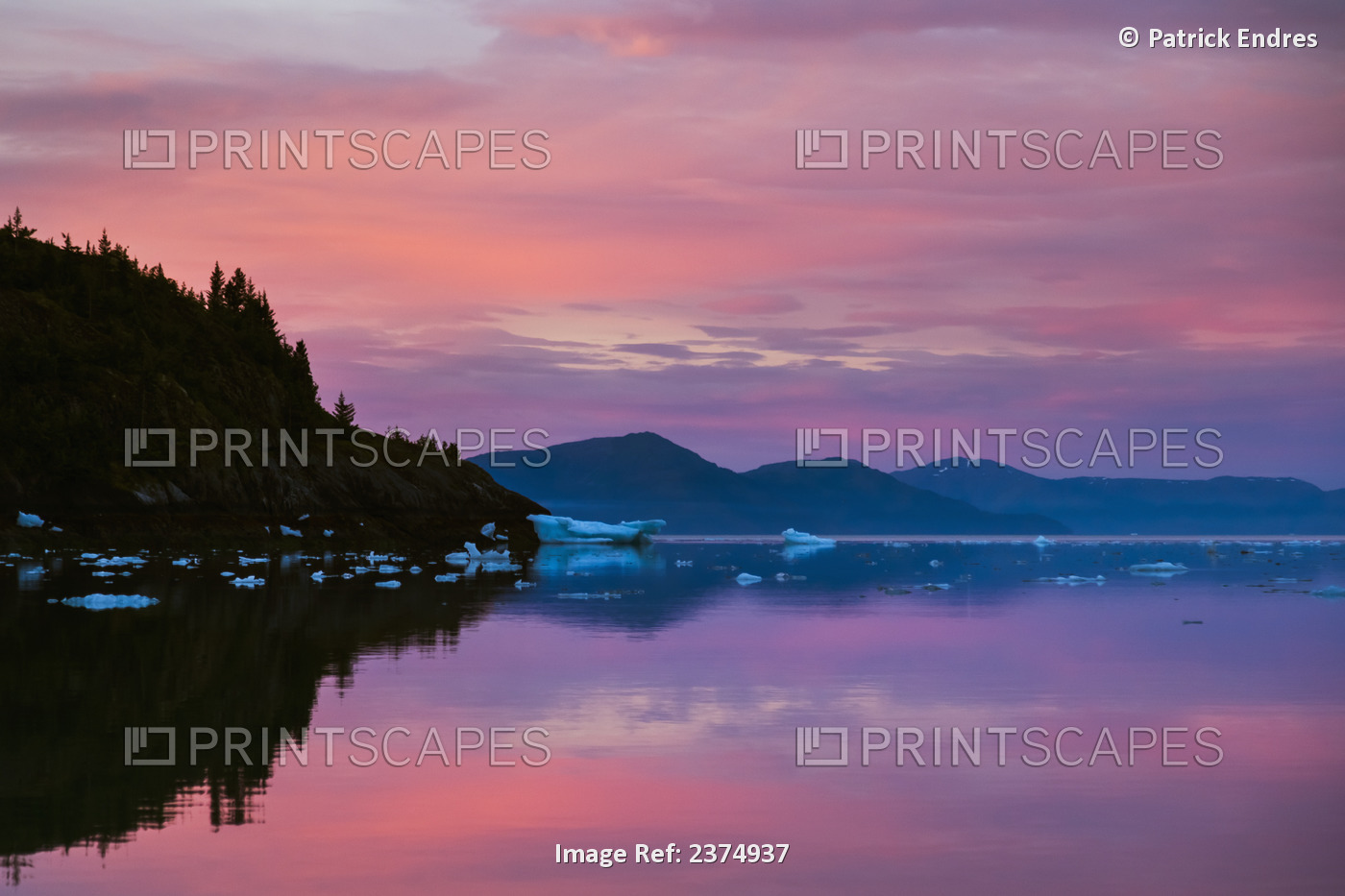 Pink Sunrise Over Floating Icebergs In Barry Arm, Prince William Sound, ...