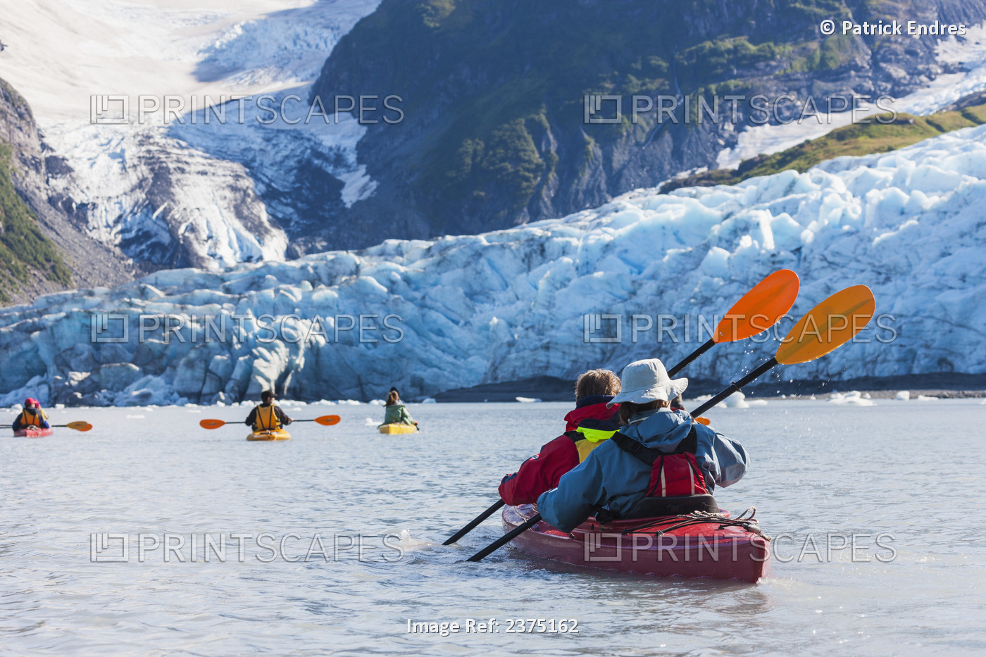 Sea Kayakers Along The Tidewater Face Of Harriman Glacier, Prince William ...