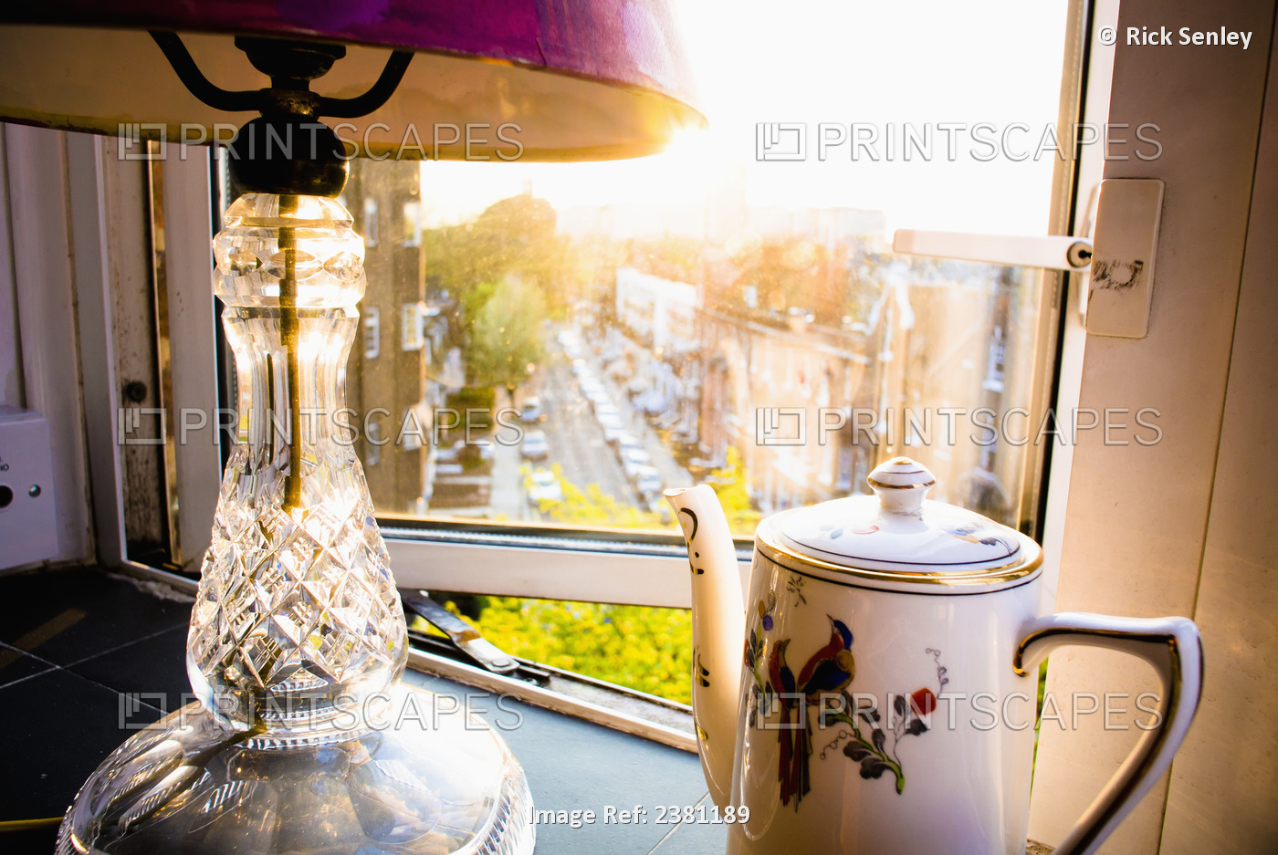 Teapot And Lamp On Windowsill In Afternoon Sun, Baron's Court; West London, ...