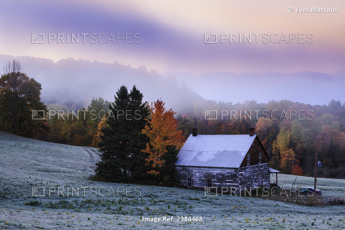 Rustic House Among Autumn Colors At Dawn; Blanche, Outaouais, Quebec, Canada