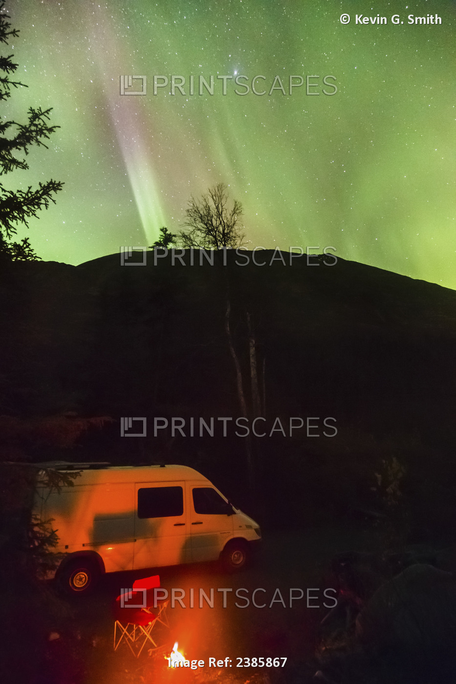 Northern Lights Light Up The Sky Above Moose Pass, Camper Van And Camp Fire In ...