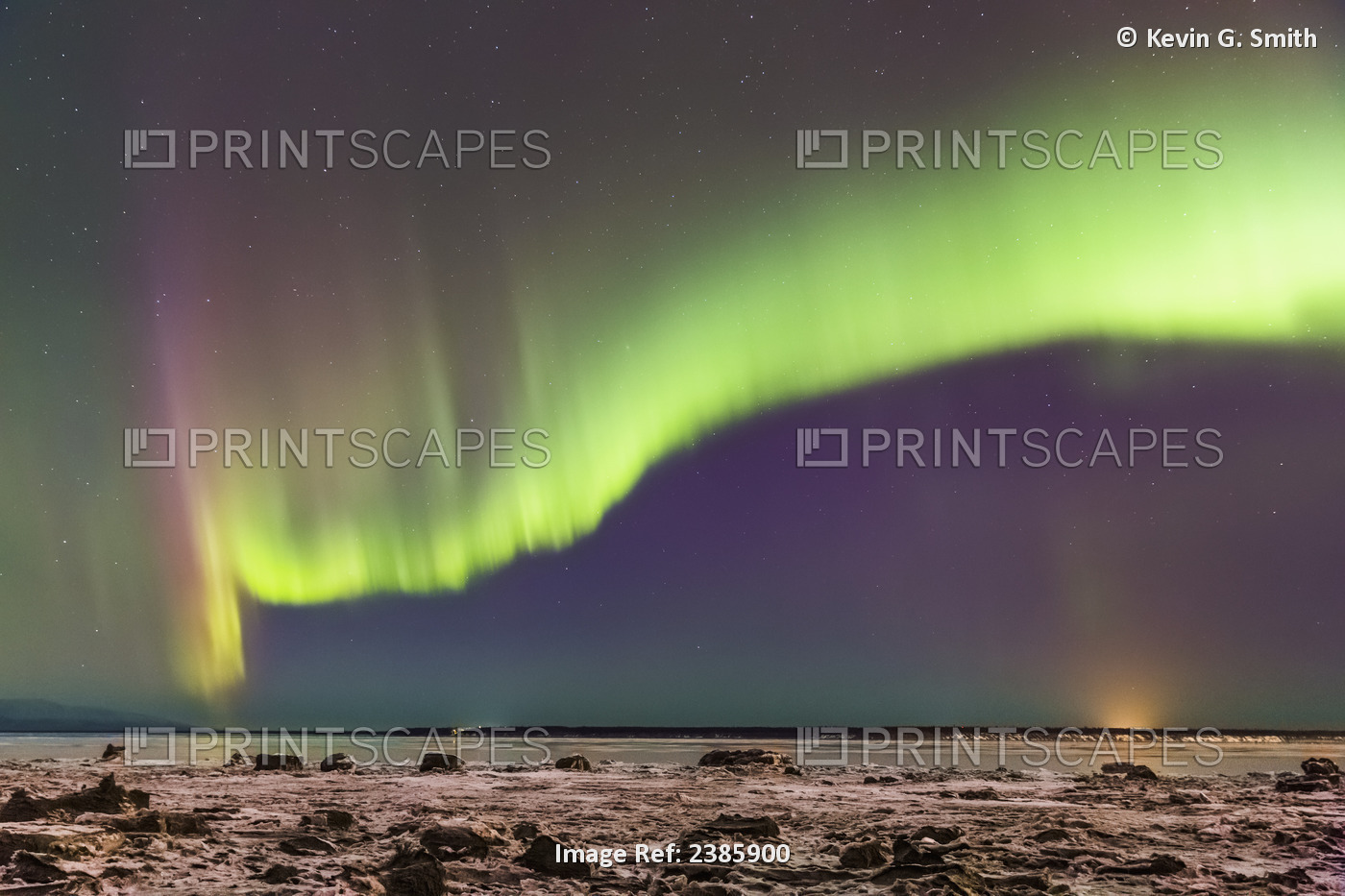 Northern Lights In The Sky Above The Snow Covered Mudflats Of Knik Arm, Winter, ...