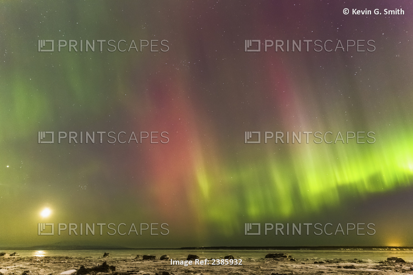 Northern Lights And Moon In The Sky Above The Snow Covered Mudflats Of Knik ...