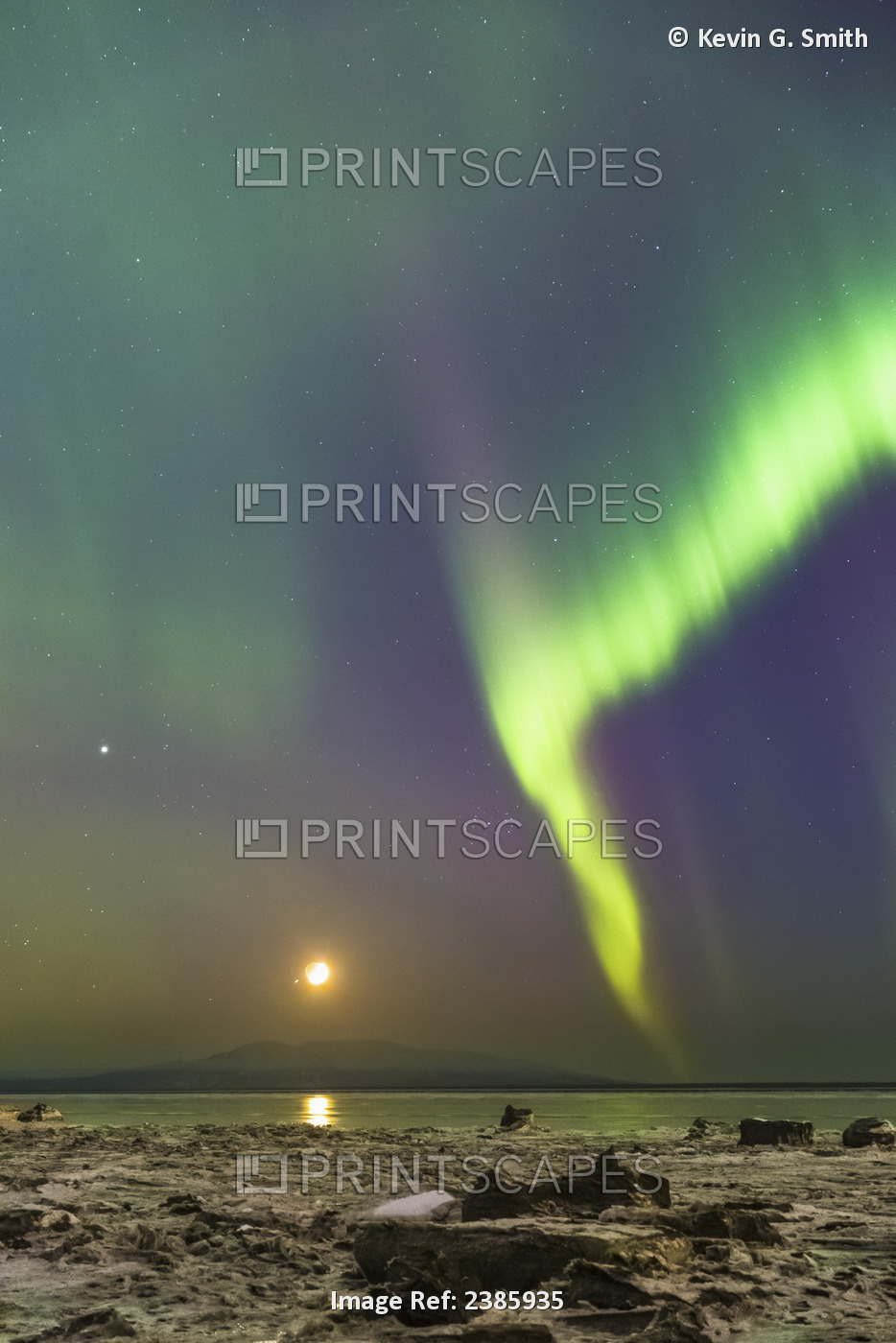 Northern Lights And Moon In The Sky Above The Snow Covered Mudflats Of Knik Arm ...
