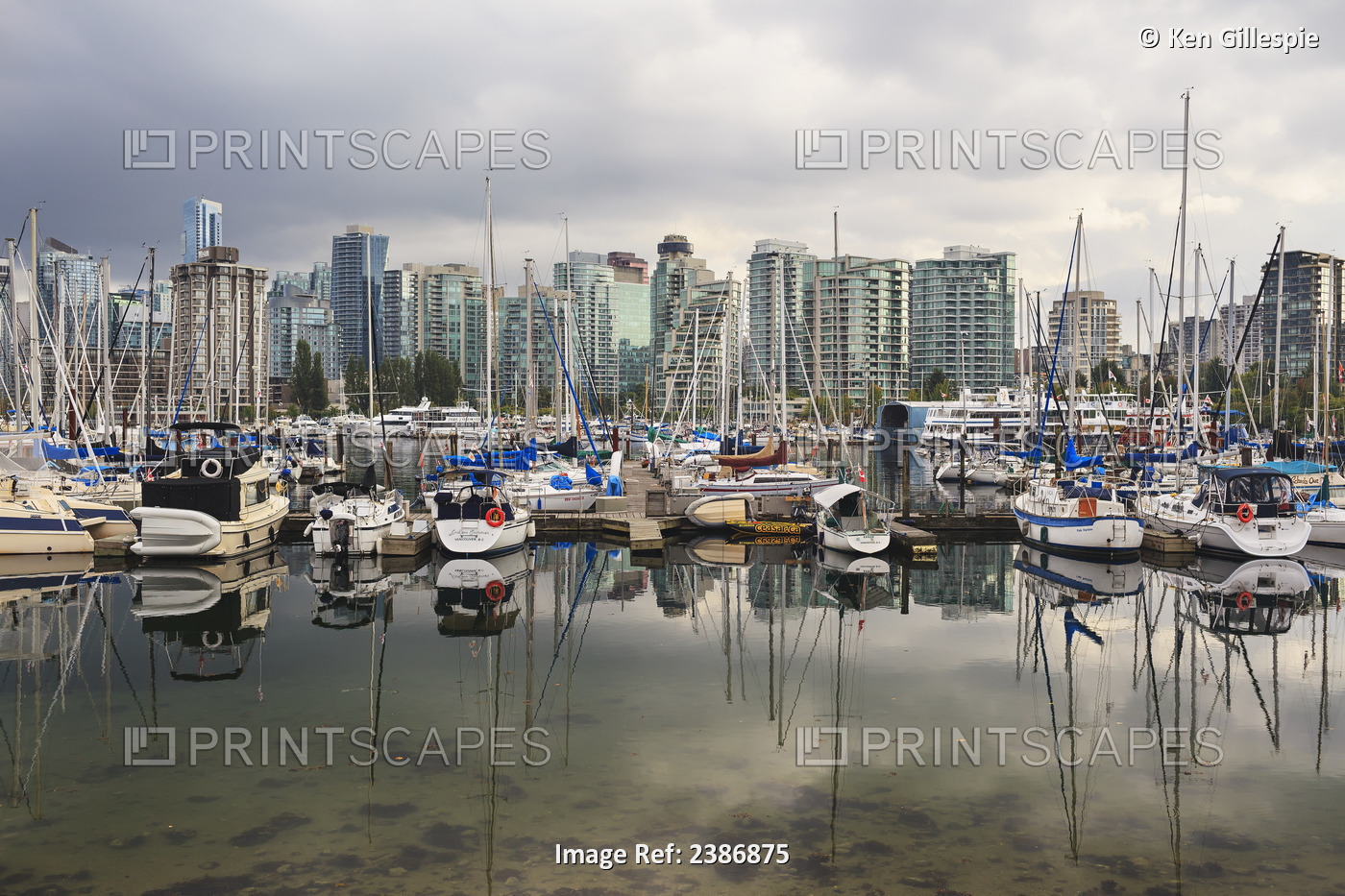 Sailboats Reflected In Coal Harbour; Vancouver, British Columbia, Canada