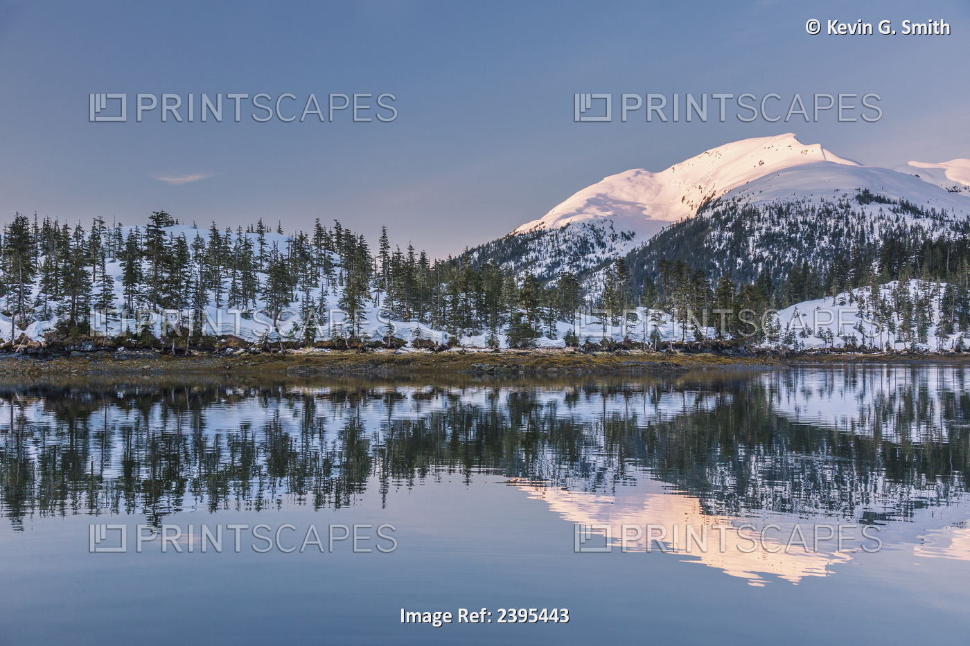 Snowy Scenic Reflected In The Waters Of Harrison Lagoon At Sunrise, Port Wells, ...