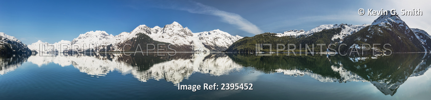 The Snow Covered Chugach Mountains Reflected In The Waters Of Barry Arm, ...