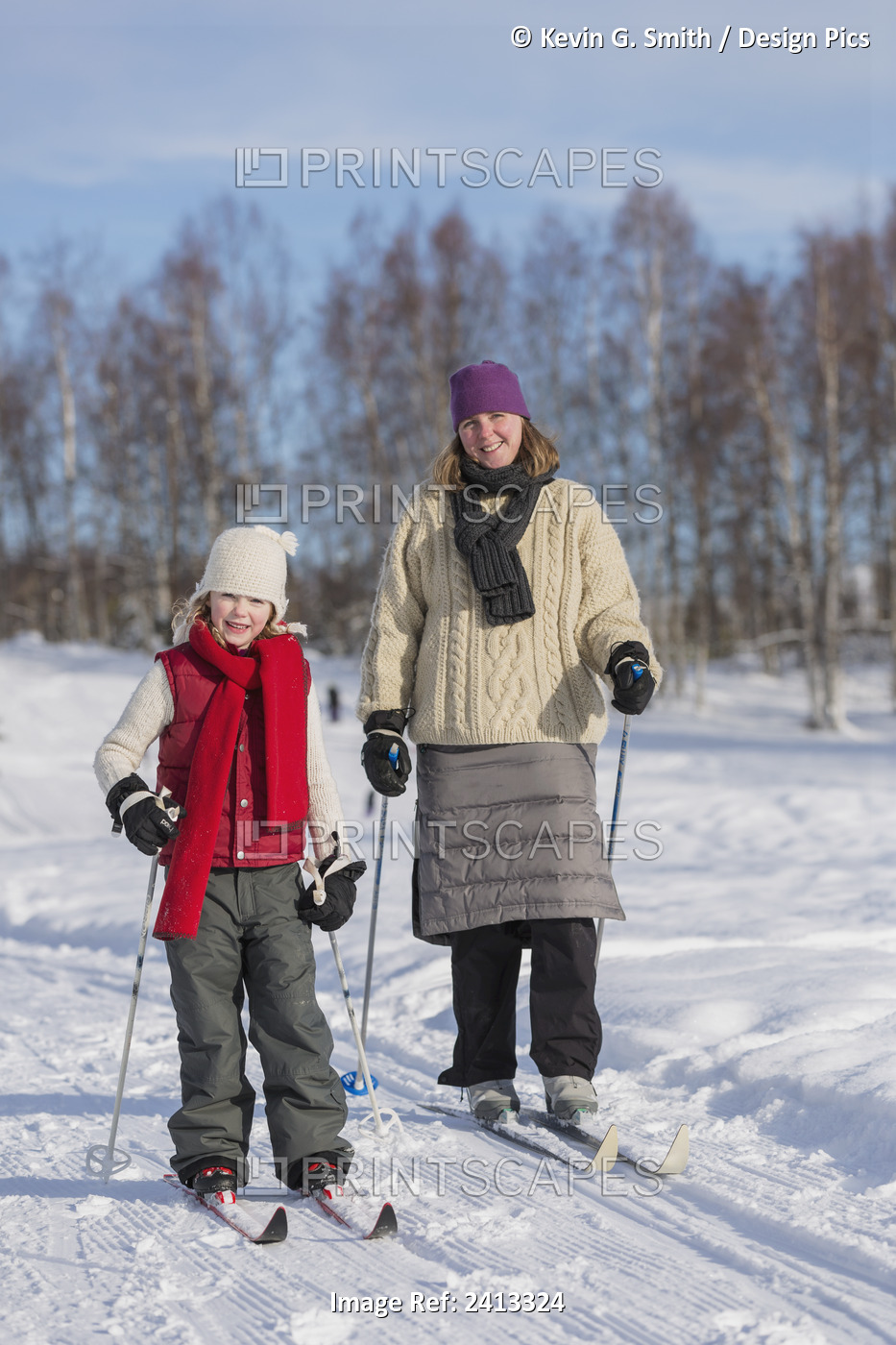Mother And Young Daughter Cross Country Skiing In A Wooded Park, Russian Jack ...