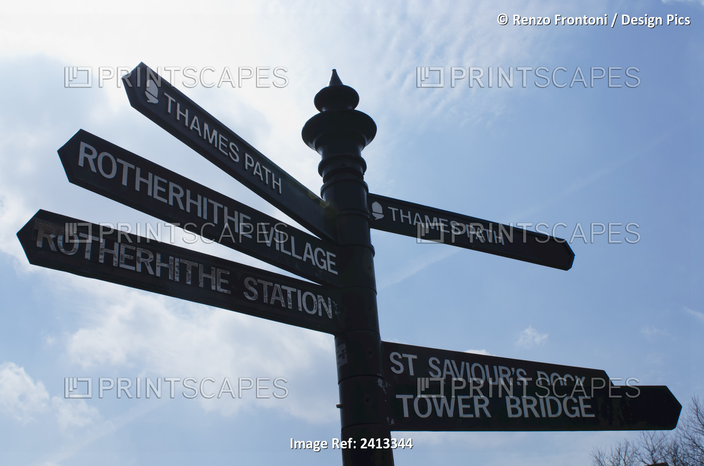 Street Signs Along The Thames Path; London, England