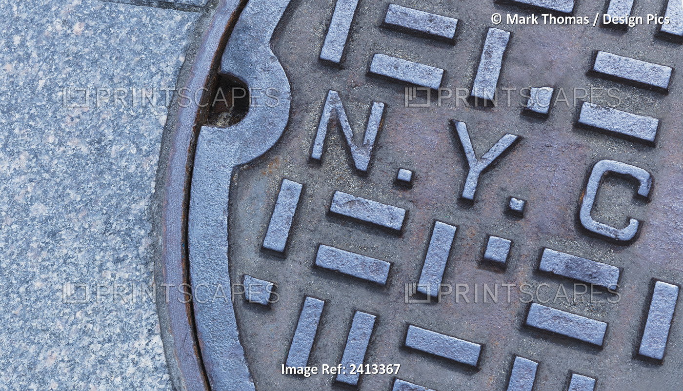 New York City Sewer Manhole Cover With Detail Of Nyc Letters; New York City, ...