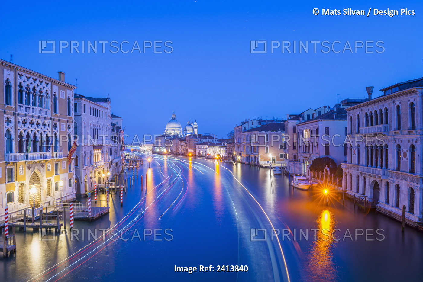 Light Trails On A Canal At Dusk With The Illuminated Salute Church In The ...