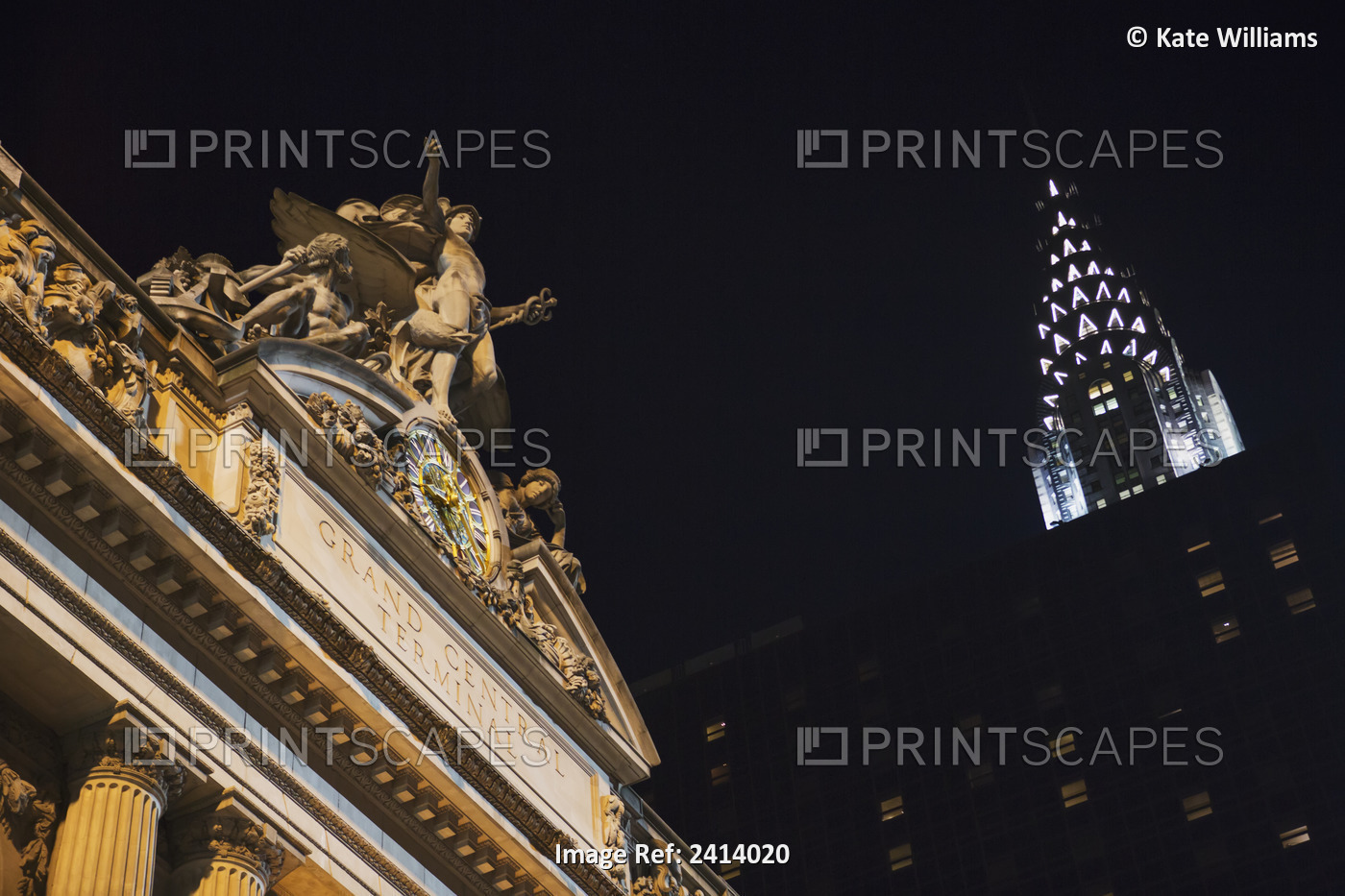 The Top Of Grand Central Station With The Chrysler Building At Night; New York ...