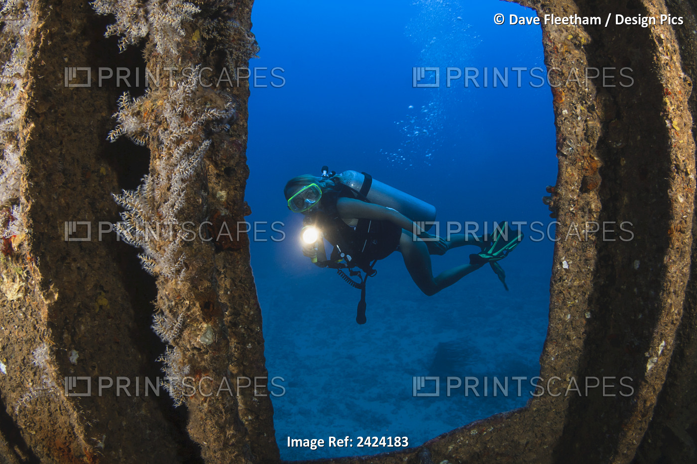 A Diver With A Hand Light Outside Of The Wreck Of The Yo-257 Off Waikiki Beach; ...