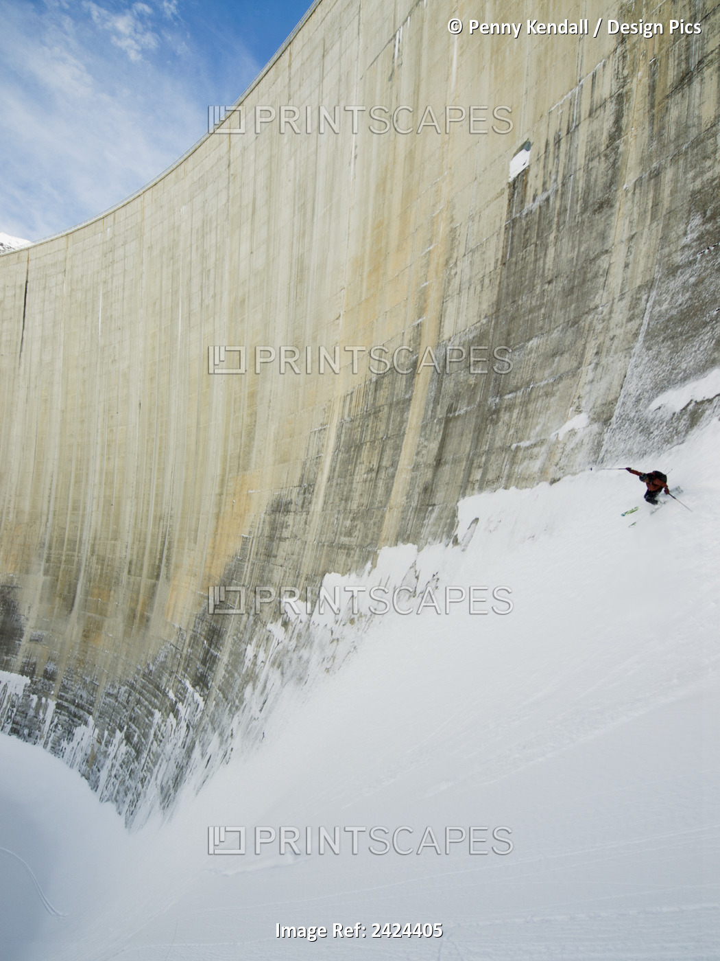 Off Piste Skier Skiing The Walls Of The Moiry Dam; Zinal, Switzerland