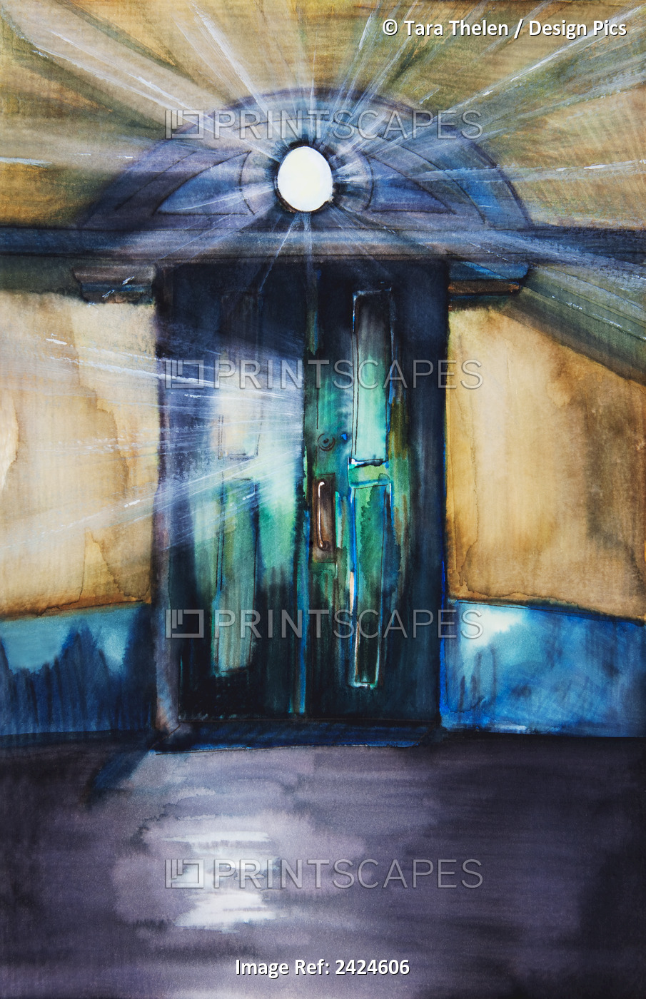 Watercolor Painting Of An Opening Door Filled With Light.