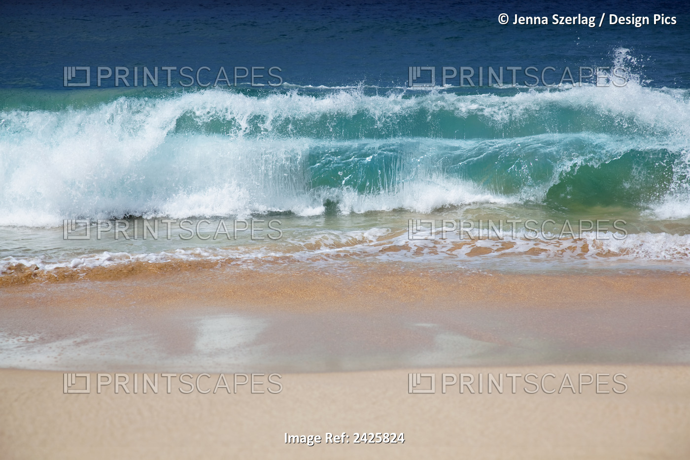 Hawaii, Maui, Makena, Crystal Clear Ocean Wave Crashing On A White Sandy Beach.