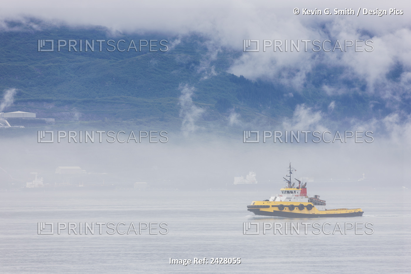 Tug Boat Outside Of Valdez With Misty Clouds And Mountains And The Alyeska ...