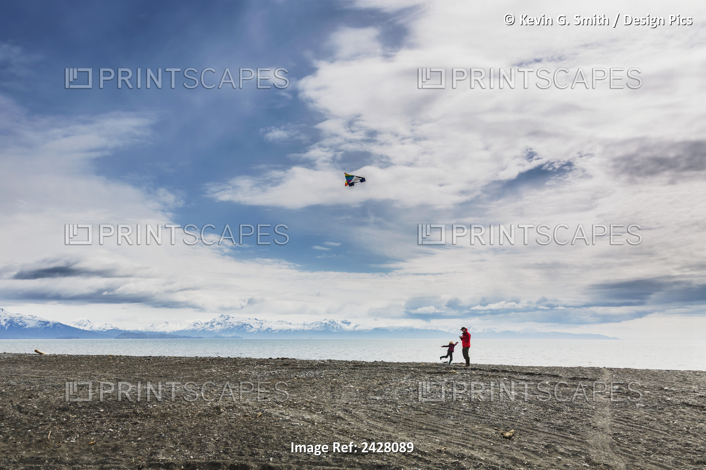 Father And Daughter Fly A Kite On Bishop's Beach, Kachemak Bay, Homer, ...