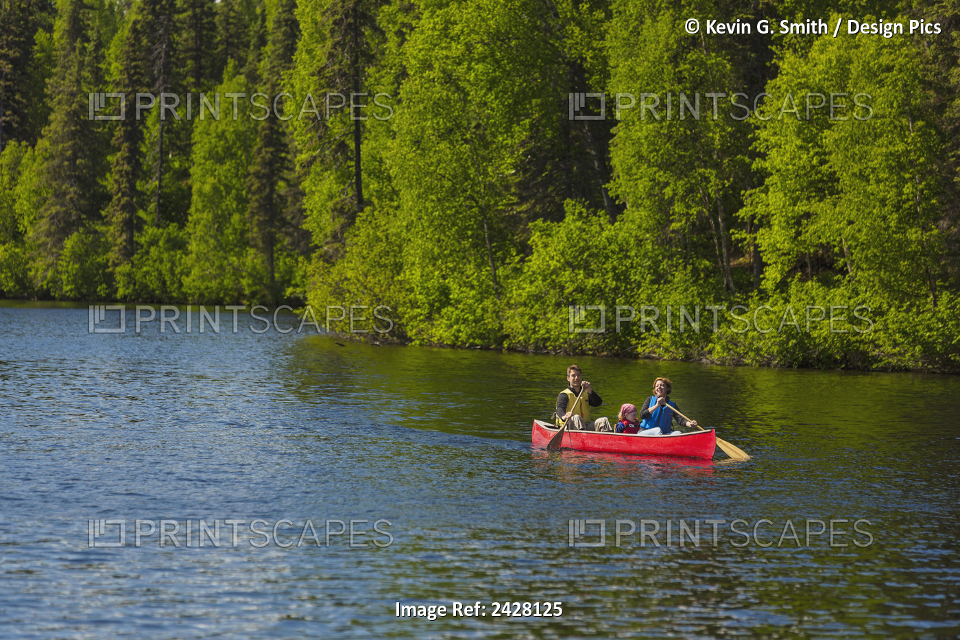 A Couple And Young Girl In A Red Canoe On Byers Lake With Green Forested ...