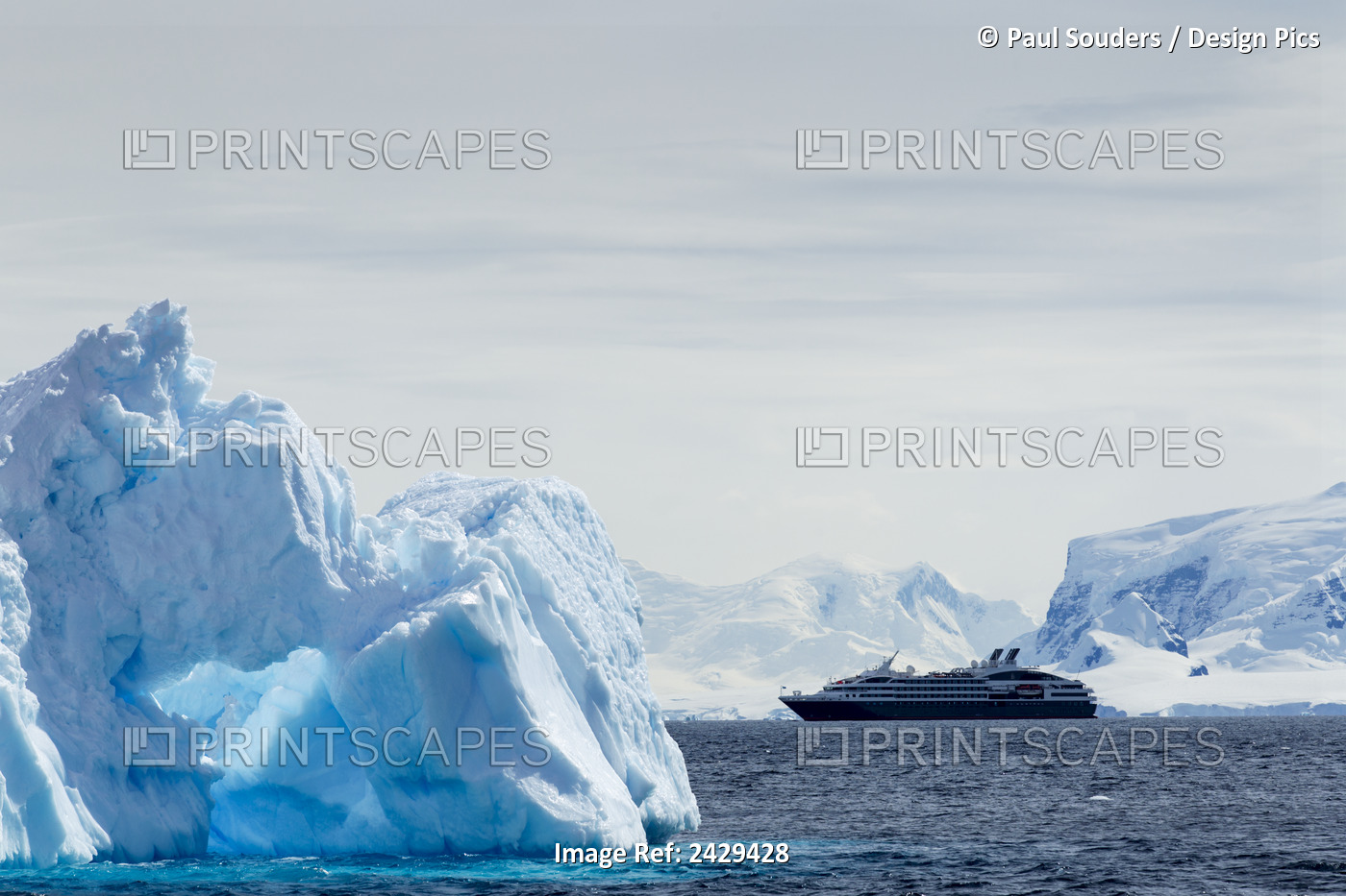 Antarctica, Cruise Ship Motoring Past Glacier-Covered Mountains On Anvers ...