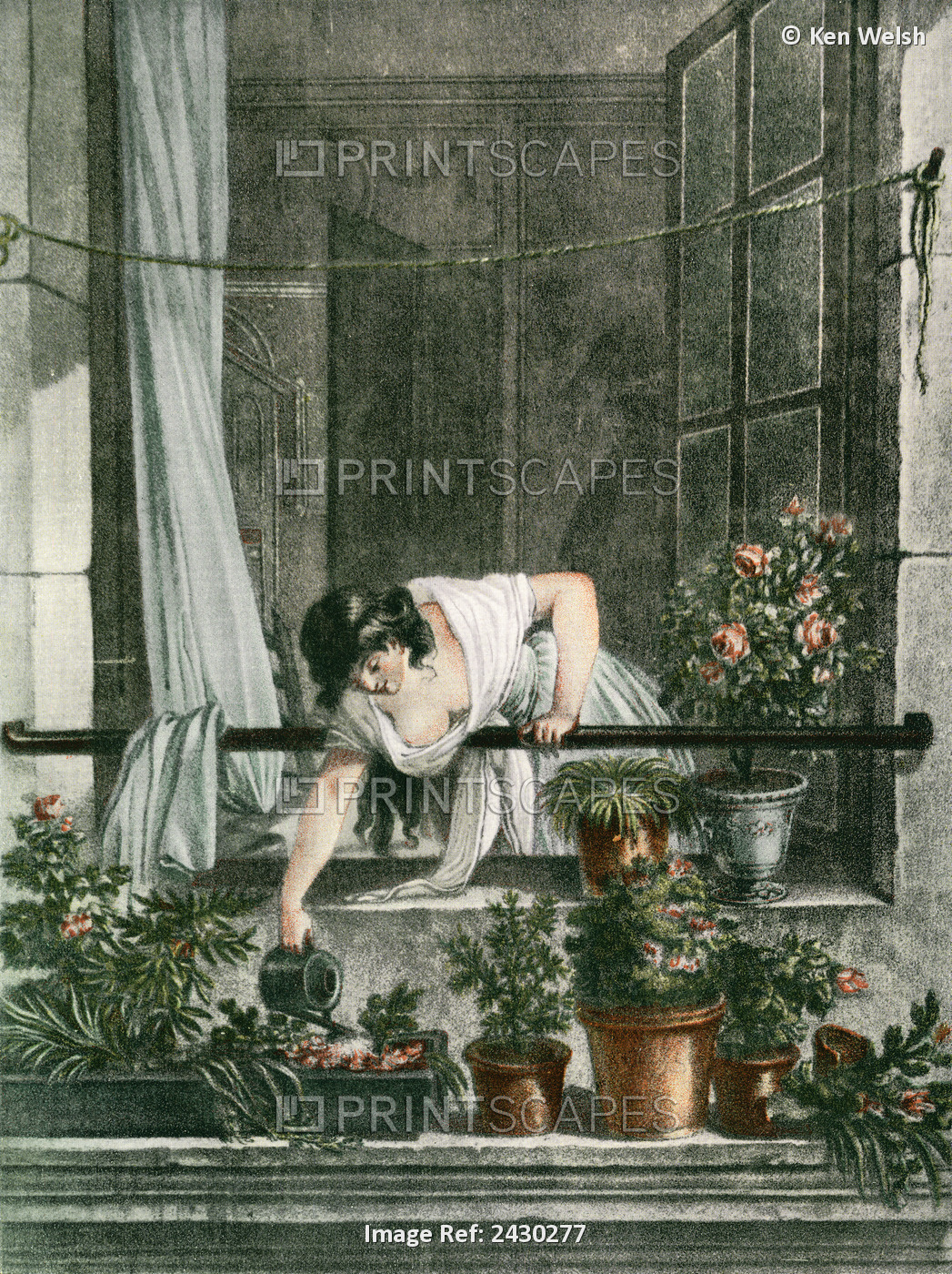 Young Woman Watering Plants On Her Balcony. From Illustrierte Sittengeschichte ...